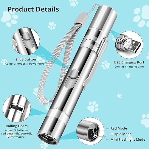 Miniatura 3 de Puntero de juguete para gatos de interior, juguetes recargables por USB con 7 patrones ajustables, juguetes interactivos de persecución para gatos y