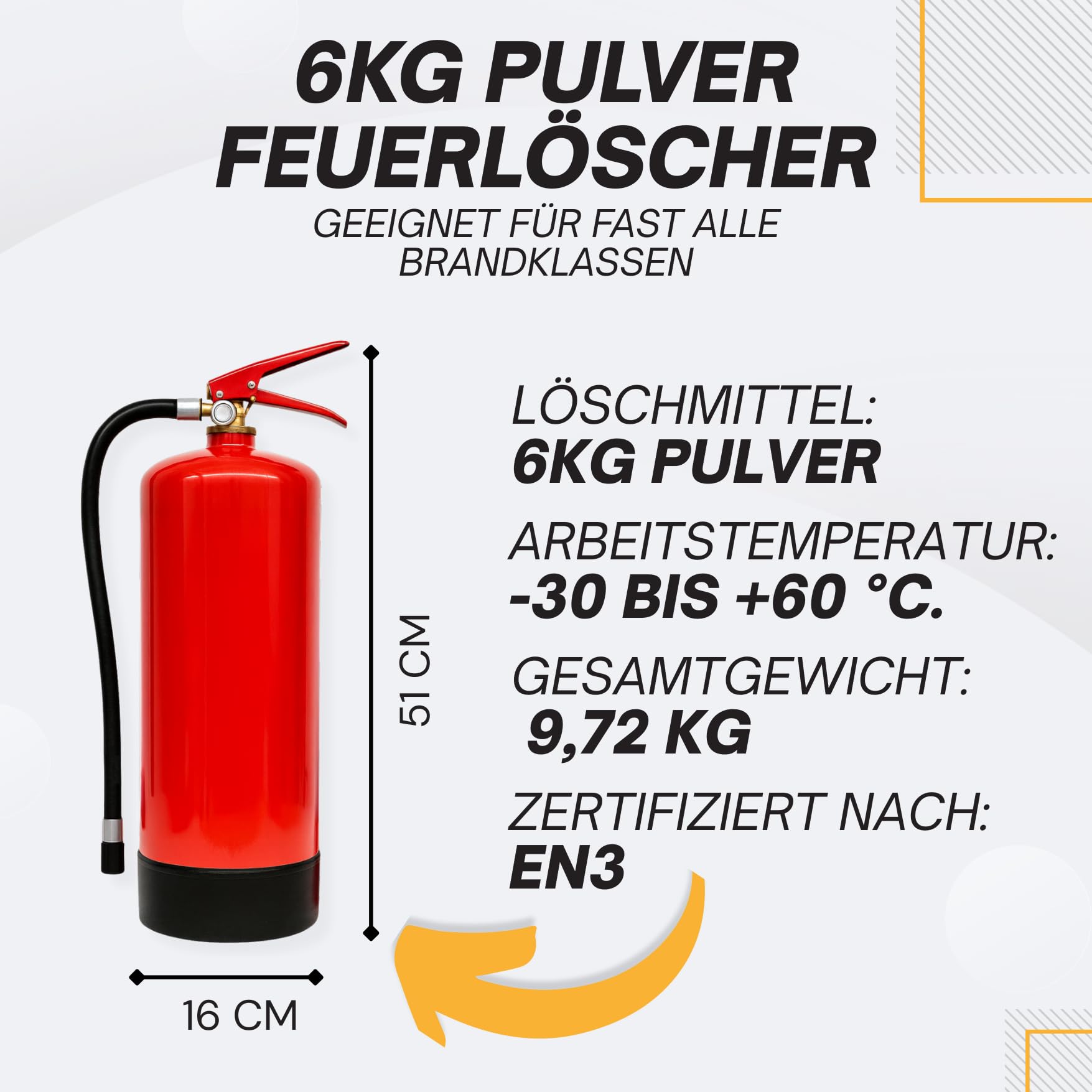 6kg Pulverlöscher, Feuerlöscher, Autolöscher, ABC Pulver, Pulver Feuerlöscher inkl. Halterung und Prüf-und Instandhaltungsschild | Pulverlöscher, Autolöscher, Sicherheitsausrüstung, Brandklassen, langlebig, einsatzbereit, Haushalt, Werkstatt, Garage