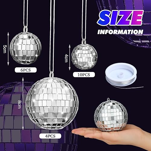 Miniatura 10 de MTLEE 20 adornos decorativos de bola de discoteca para colgar, mini bola de discoteca con cuerda para decoración de tarta, diferentes tamaños,