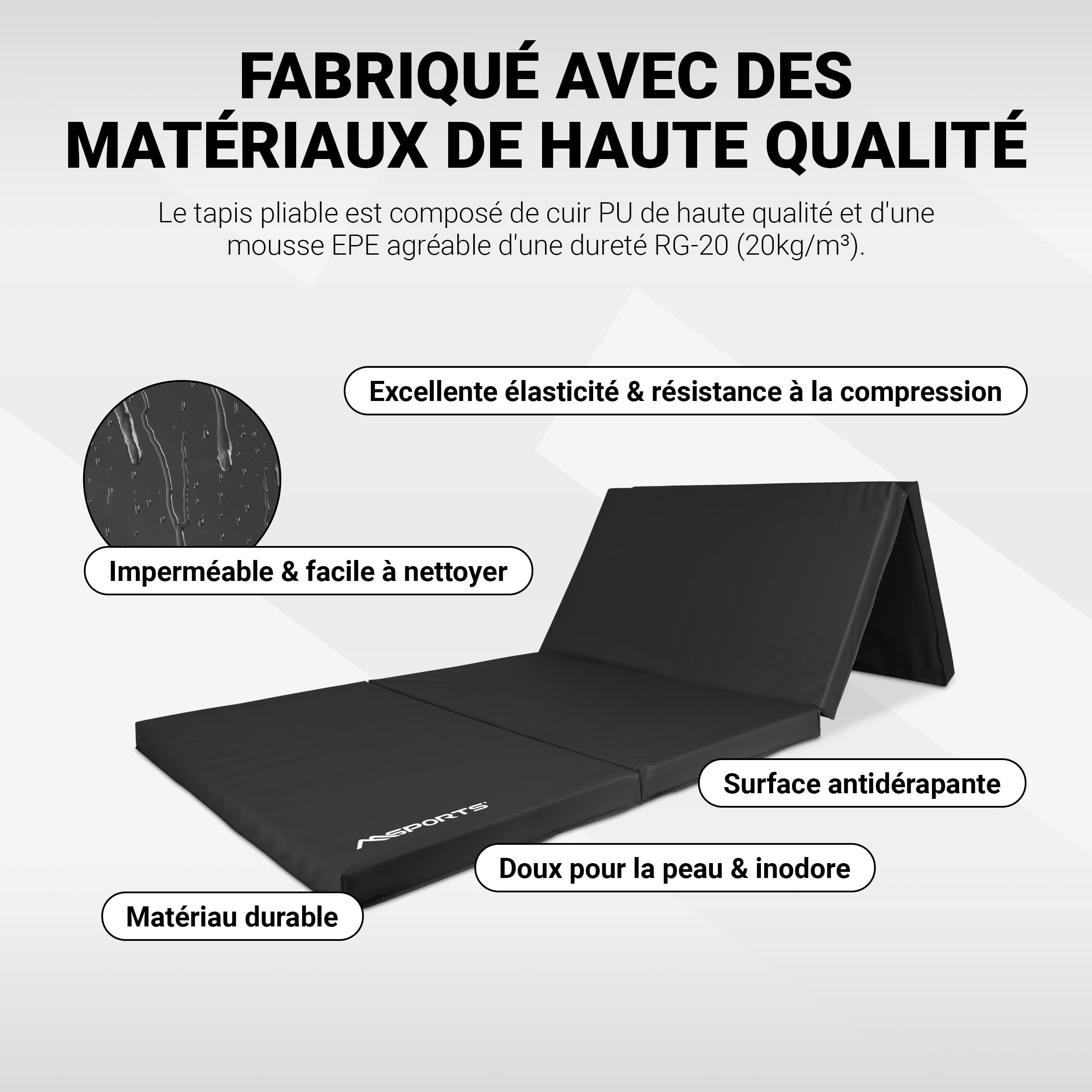 MSPORTS Tapis de gymnastique pliable de qualité supérieure - 190 x 80 x 5 cm - Tapis de gymnastique - Tapis de sport pour la maison, les enfants, les adultes