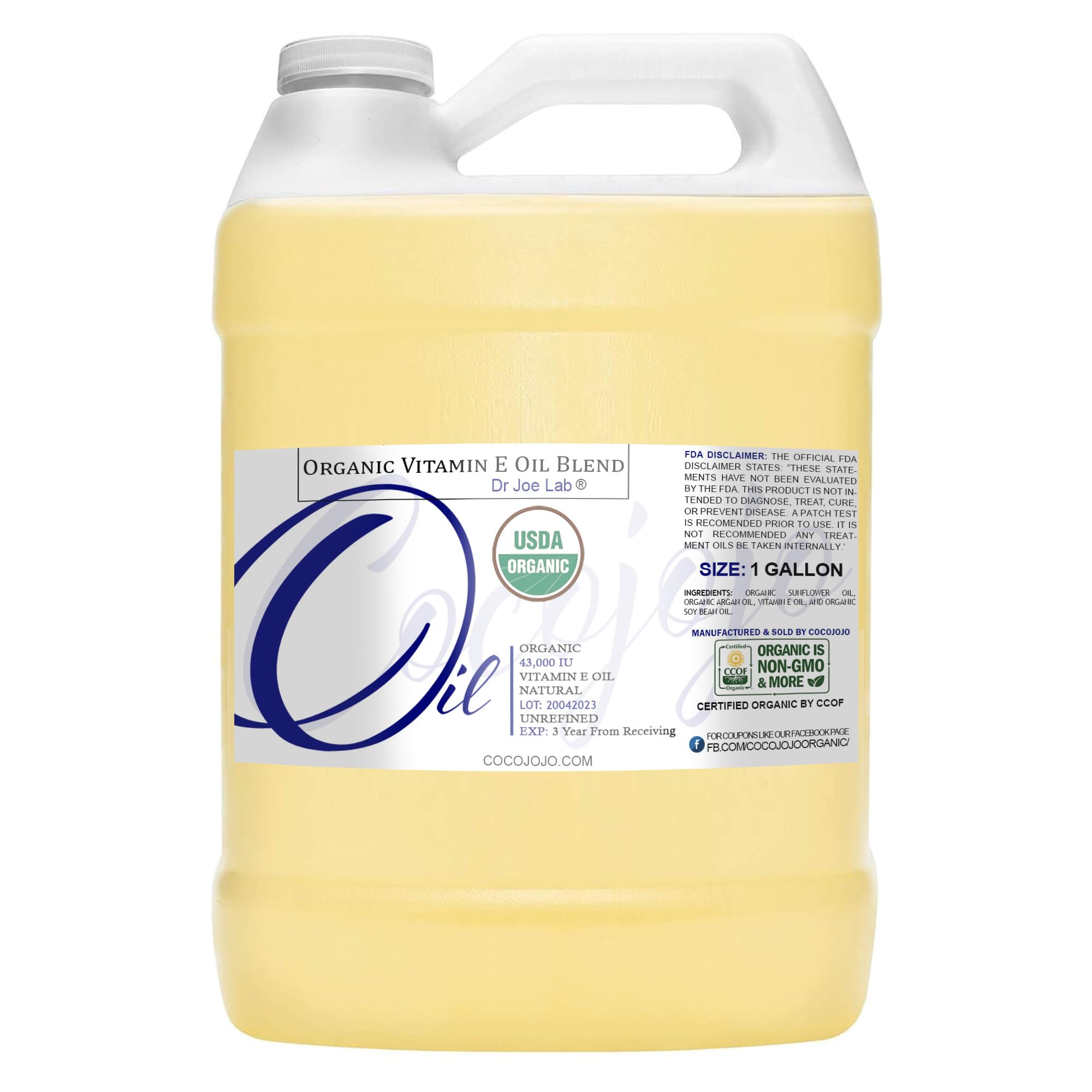 Dr Joe Lab Organic Vitamin E Oil Hydration - USDA Certified Natural, Non-GMO, Vegan, Cruelty-Free - for Face, Skin, Hair, Body, Nails, Cuticles, and Locs -128 ozUSDA Organic