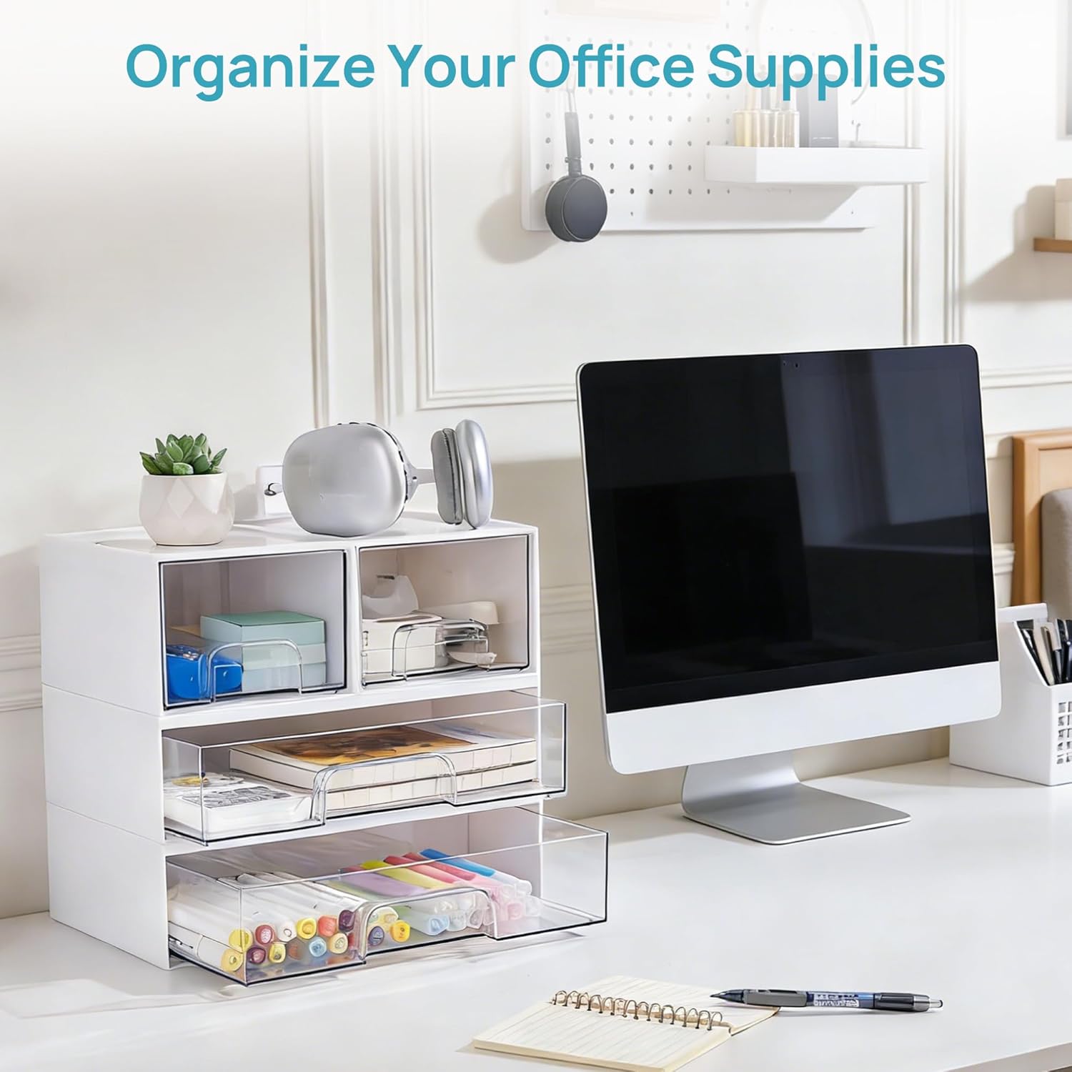 Vtopmart 2 Pack Clear Stackable Storage Drawers,12.1''W Plastic Organizers Bins for Beauty Supplies, Ideal for Vanity, Bathroom, Cabinet, Room Organization, White