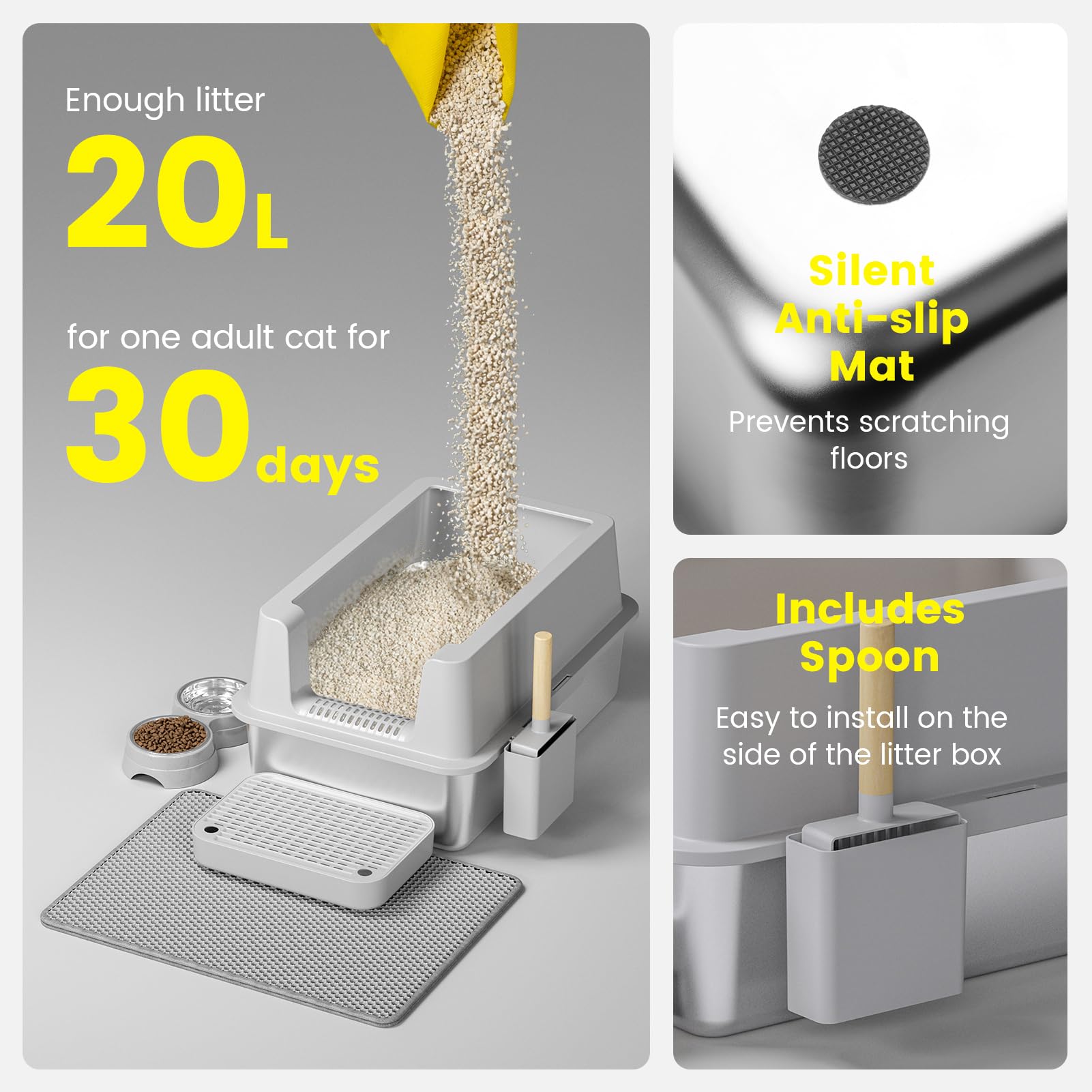 Stainless Steel Cat Litter Box - Enclosed XL Metal Kitty Litter Box with Lid for Big Cats, High Sided, Anti-Leakage, Easy Cleaning, Non-Sticky, Included Litter Mat, Cat Bowl & Spoon