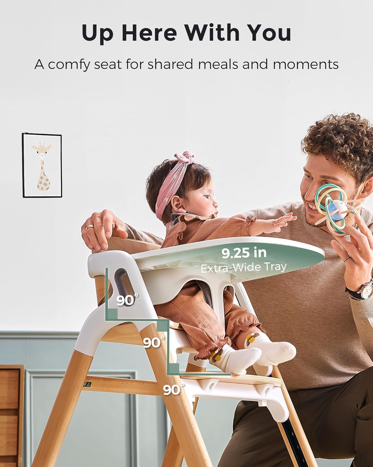 Momcozy DinerPal Drewniane krzesełko dla niemowląt, małych dzieci i dorosłych do 140 kg, rozkładane krzesełko dla niemowląt z tacą klasy spożywczej, nadaje się do mycia w zmywarce, regulowane i