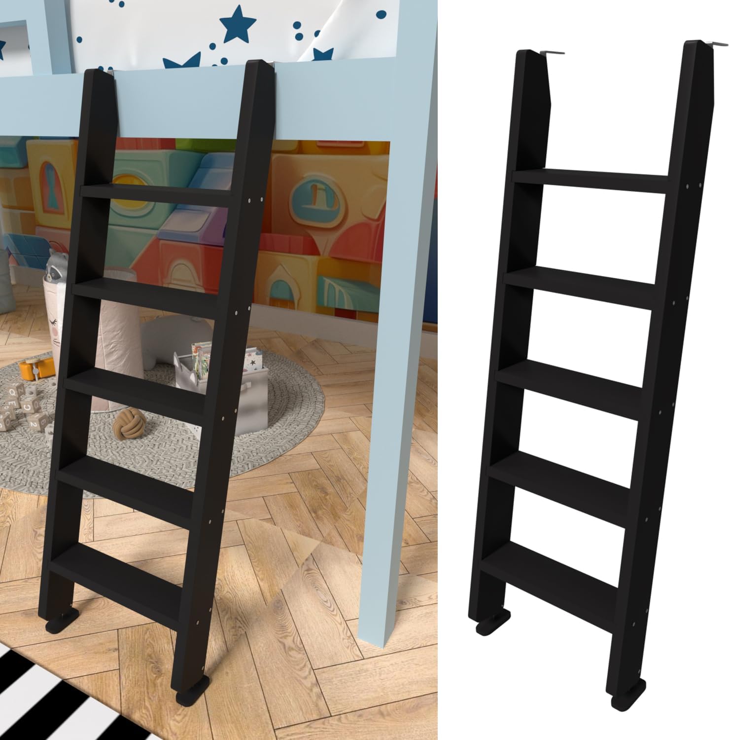 Black Wood Bunk Bed Ladder 50"/ 55"/ 60", Lofted/Dorm/RV Bed Bunkbed Ladders with 4 in Extra Deep Steps & Non-Slip Pads, Replacement Wooden Ladder for Motorhome/Camping - Load 660 lbs 60in /153cm Black