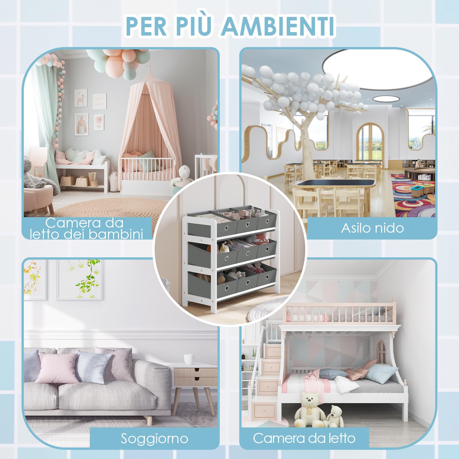 Lestarain Contenitore per Giocattoli con 9 Scatole Rimovibili, Scaffale per Bambini Organizzatore di Giocattoli, Libreria Montessoriana, Bianco+Grigio