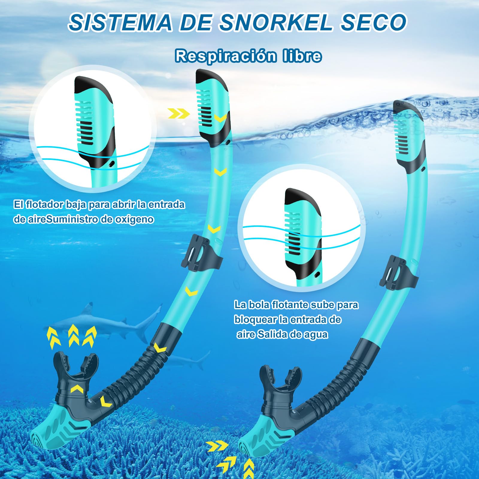 IEEILULU Set de Snorkel para Adulto, Esnórquel Settauch Set con Gafas de Buceo, Tubo de Respiración Semiseco y Aletas Ajustables, Snorkel Set para Adulto Aventura Submarina