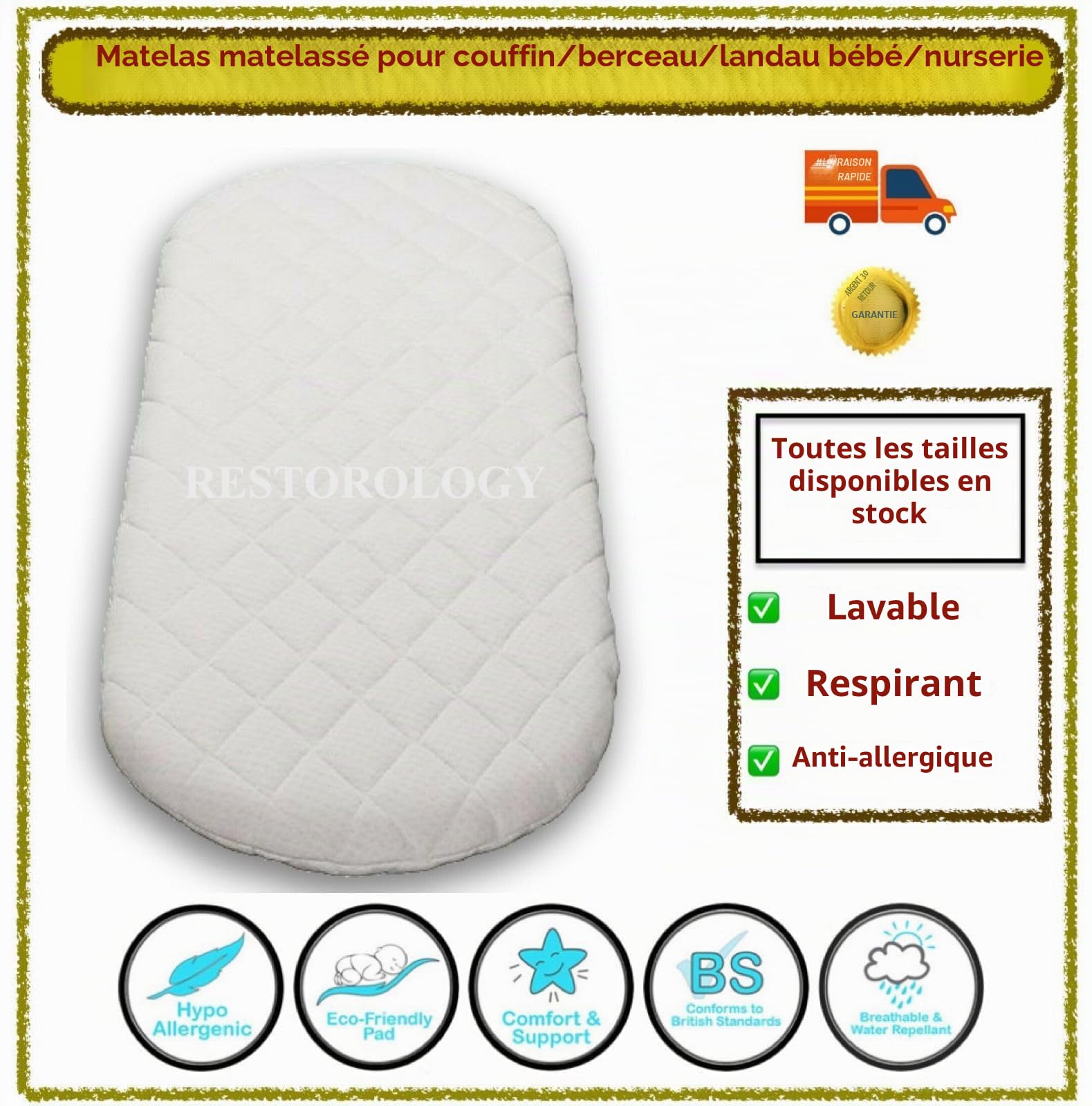 Restorology Matelas ovale double face hypoallergénique pour couffin Tommee Tippee Sleepee, Mamas & Papas Housse amovible (74 x 28 x 4 cm)