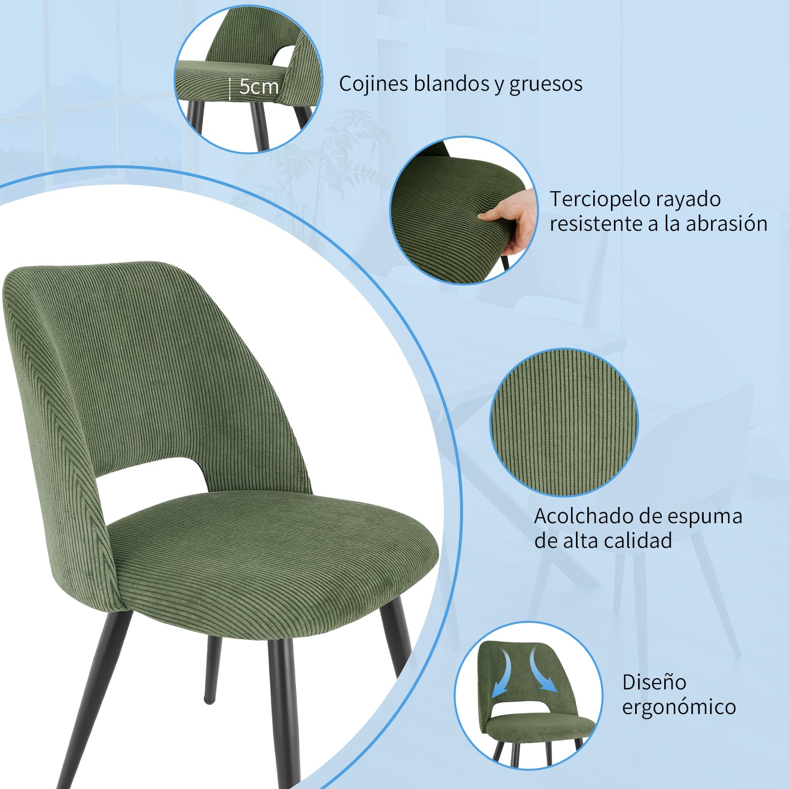 JIJIAN Pack de 6 Sillas de Comedor, Silla de Cocina, Silla de Salón, Sillas de Terciopelo a Rayas con Respaldos Recortados, Tapizadas para Comedor, Cocina, Dormitorio, Recepción, Verde