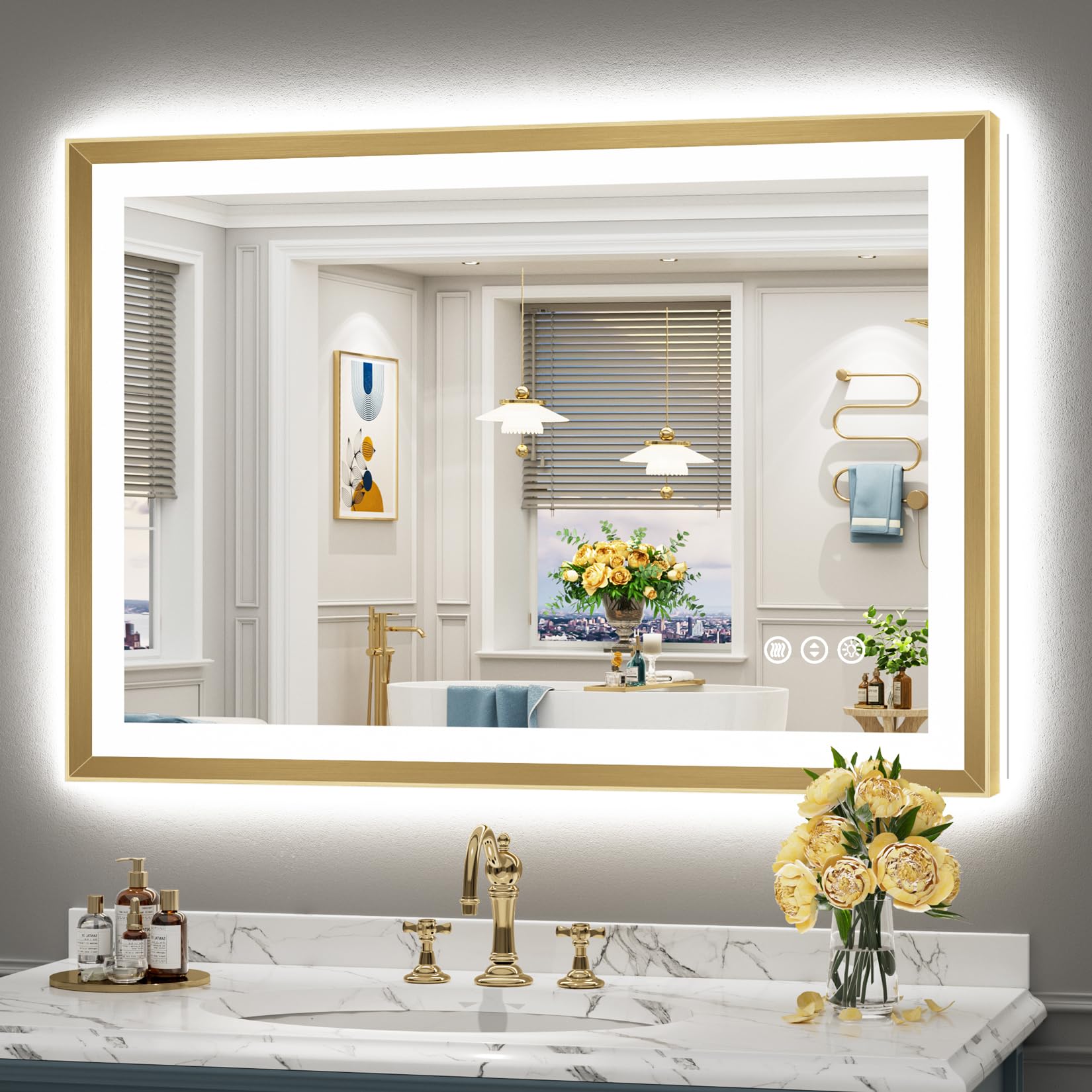 44x30 Gold Beveled LED Lighted Bathroom Mirror, Backlit &amp; Front Lit