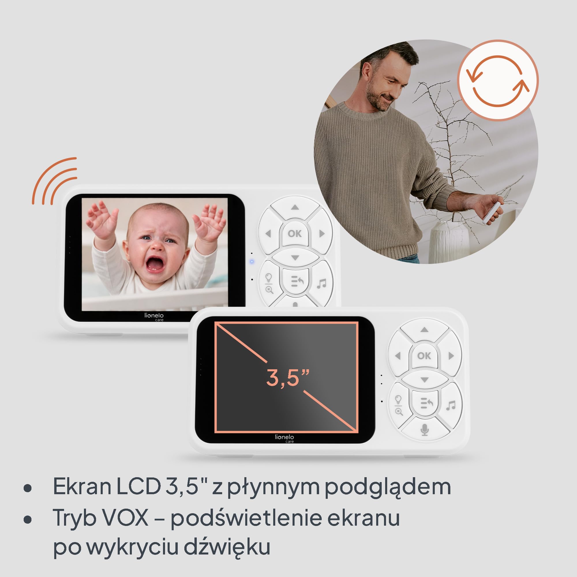 Lionelo Babyline 3.4 Wideoniania Niania Elektroniczna z Kamerą bez Wi-Fi z Nocną Noktowizją, LCD 3,5 Cala, VOX i Interkom, Zoom 4x, Alarm Płaczu i Temperatury, Kołysanki, Kabel 2,8 m, Bateria 3000 mAh