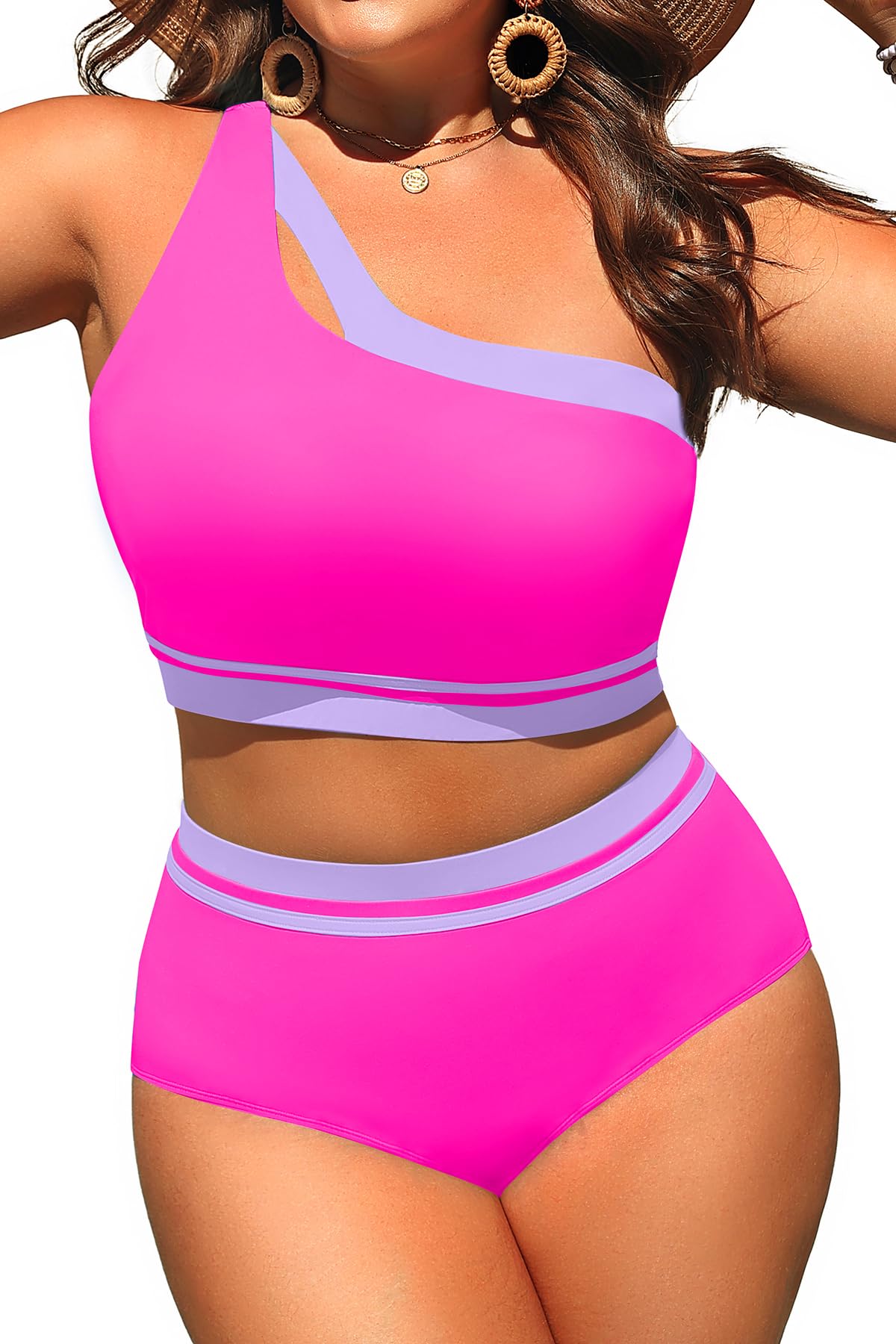 Aqua Eve Women Plus Size High Waisted Bikini One Shoulder Two Piece Swimsuit Color Block Bathing Suits