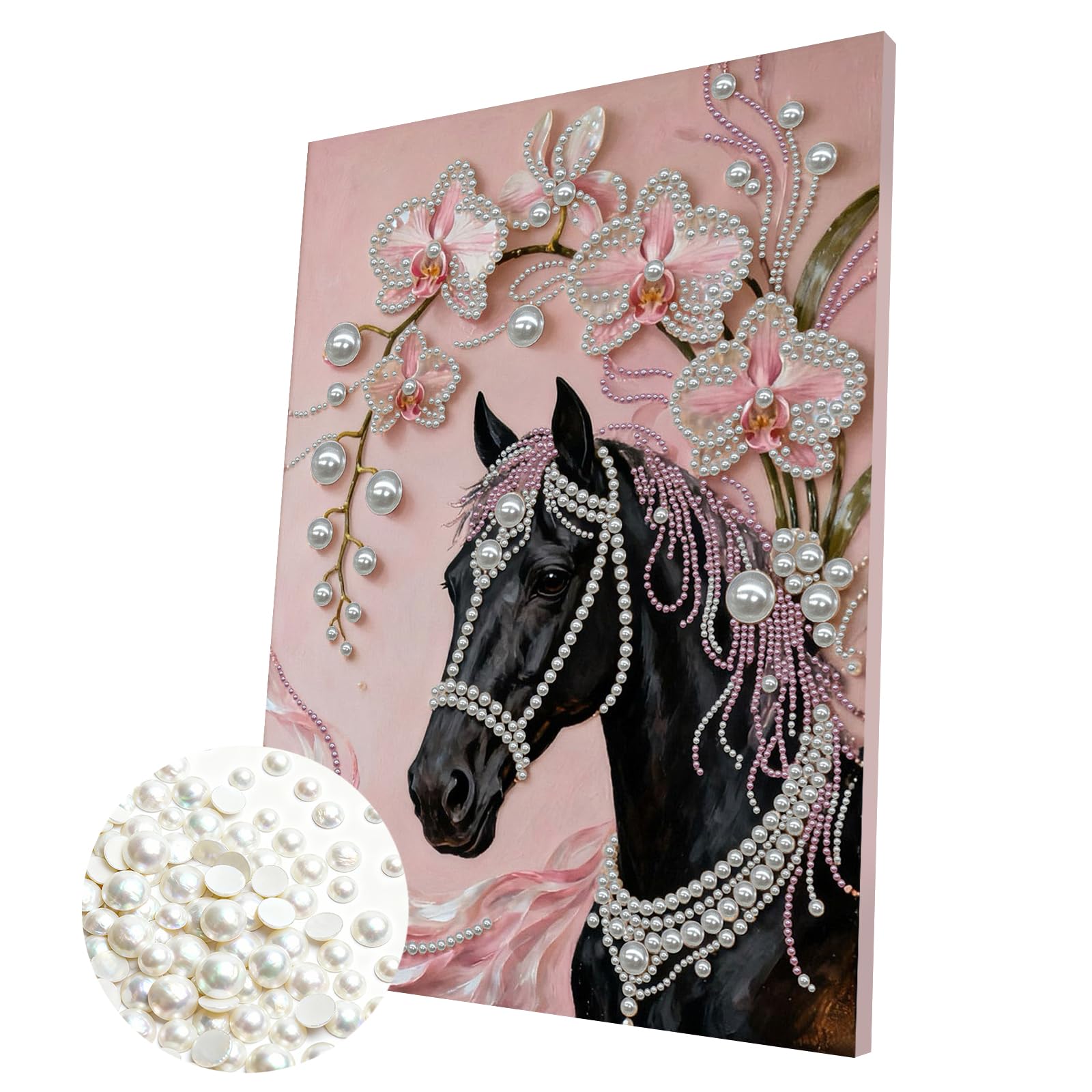 DIY Pearl Painting Kit with Wooden Frame, 3D Plastic Pearl Art Diamond Art Kits for Adults, Ready-to-Hang Home Decor, Gift for Women Beginners(Flower Horse)(30 * 40cm)