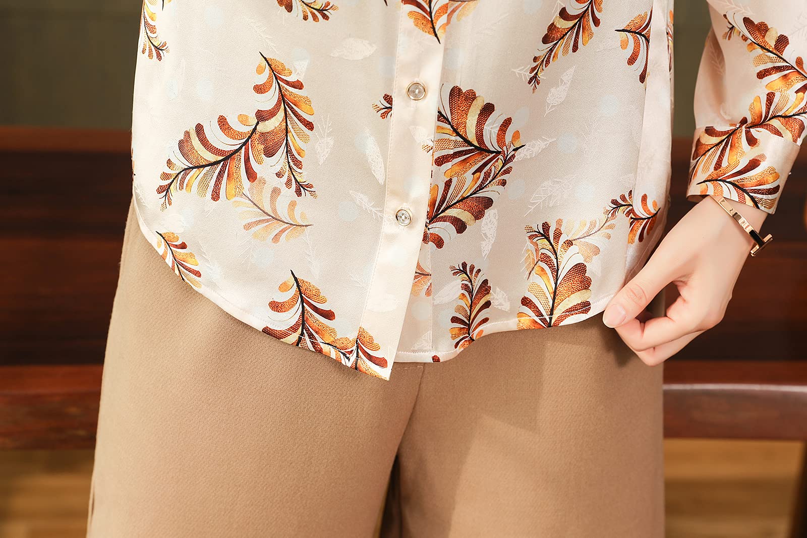 E-girl Blusa de seda para mujer con estampado de botones camisas de mujer blusa de manga larga solapa blusa de seda, S6618