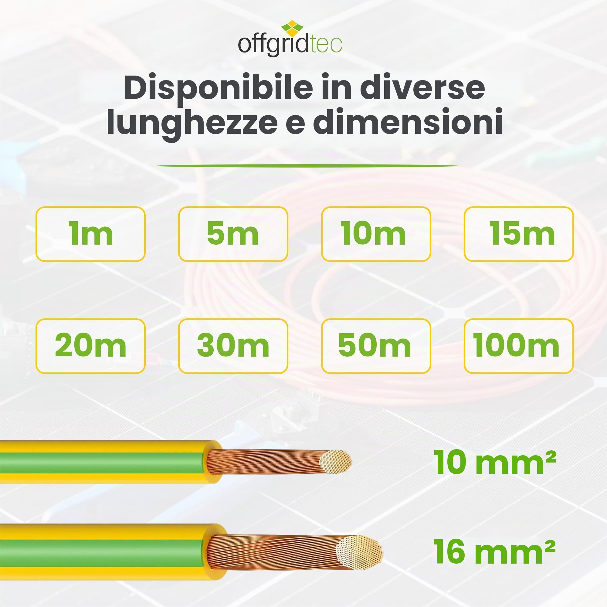 Offgridtec H07V-K cavo di messa a terra 10 mm² 450/750V, rame a fili sottili, isolamento XLPO e PVC ritardante di fiamma, certificato HAR, posa fissa, alta flessibilità (verde/giallo, 30 m)