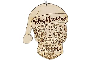 Feliz Navidad Sugar Skull Christmas Ornament: Handmade Wood Holiday Christmas Tree Hanging