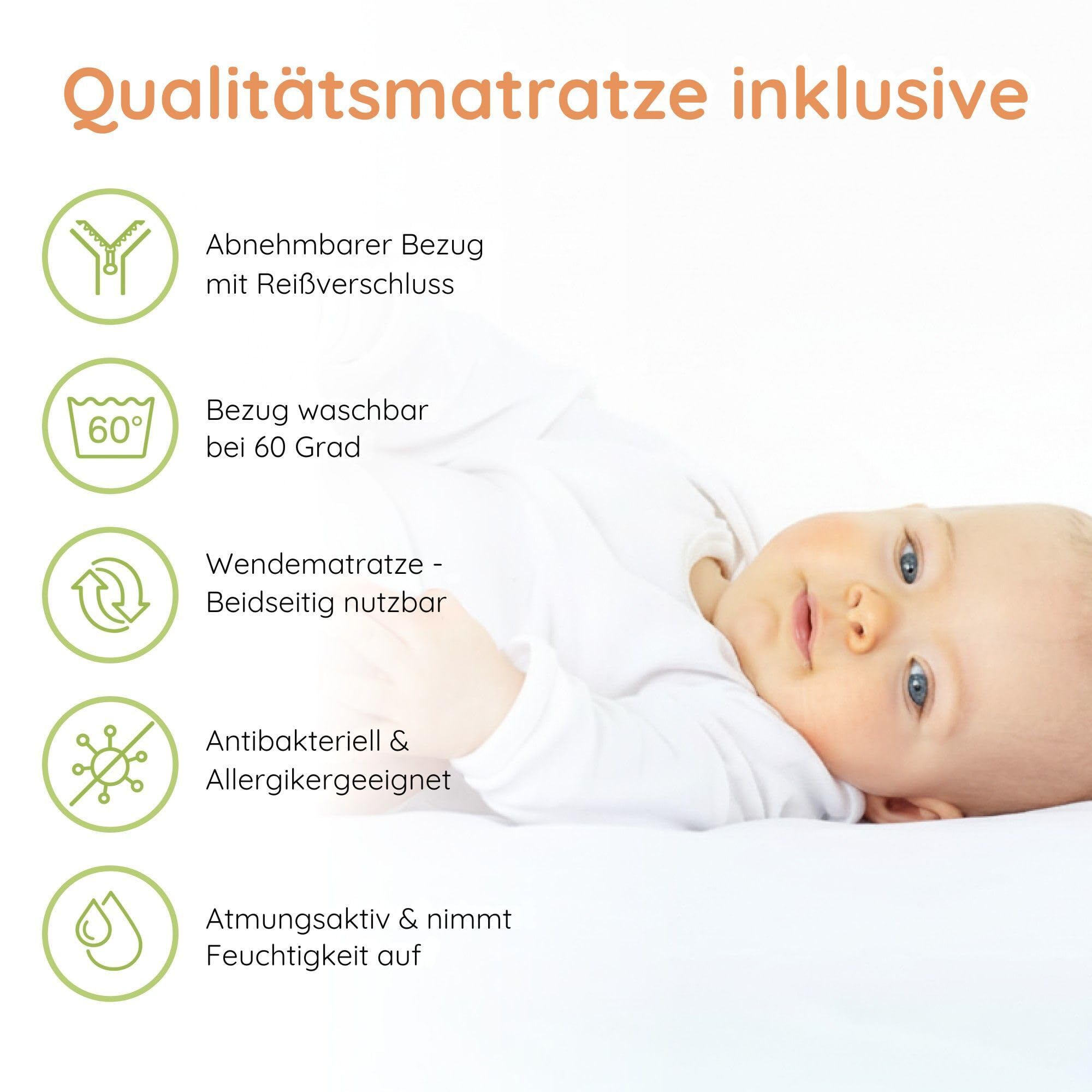 Kids Collective Babybett Kinderbett Gitterbett 60x120 & 70x140 cm mit Matratze höhenverstellbarer Lattenrost & herausnehmbare Sprossen stabiles Buchenholz | ab Geburt bis 3. Lebensjahr | Natur