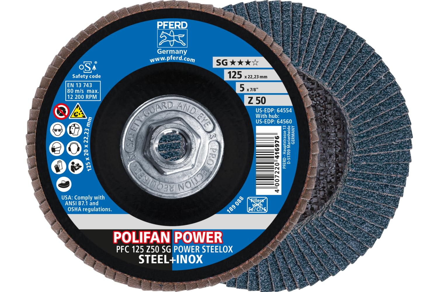 PFERD Flap Disc - 4-1/2" x 5/8-11, Z SG Power STEELOX - 50 Grit T29 Conical Zirconia - High-Performance Abrasive for Steel Grinding - Pack of 10 - Part 64559
