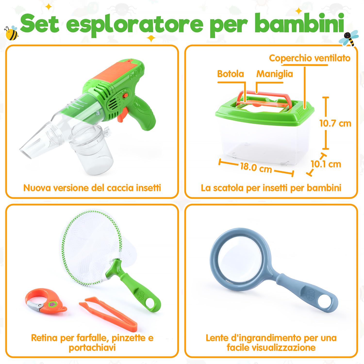 Kit Esploratore Bambini con Cattura Insetti, Scatola per Insetti, Rete di Farfalle, lenti d'ingrandimento, Pinzette, Portachiavi, Esplorazione Outdoor Giocattoli Regalo Set per Bambini da 3+ Anni