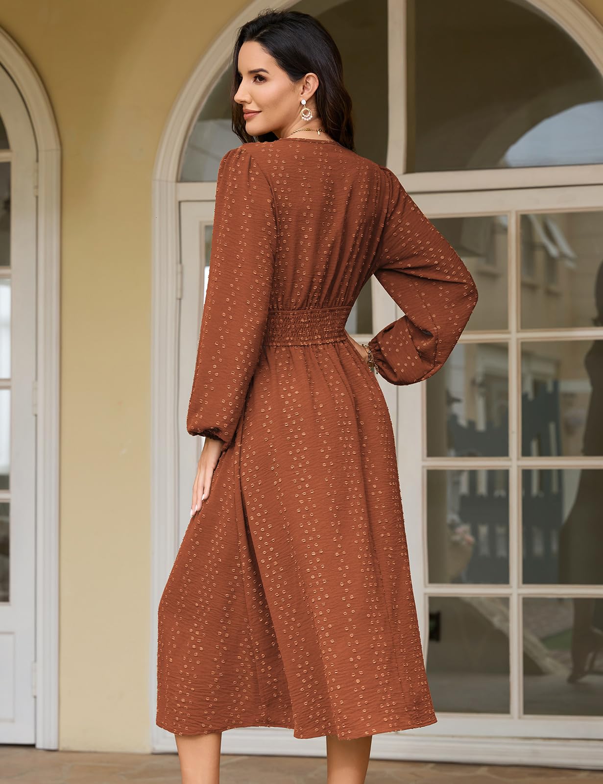 Robe Longue Femme Élégante Manches Longues | Col en V,Manches Lanterne,Taille Haute,Taille Élastique,Détail Pompons,Printemps,Automne,Hiver,Wrap,Bureau,Vacances