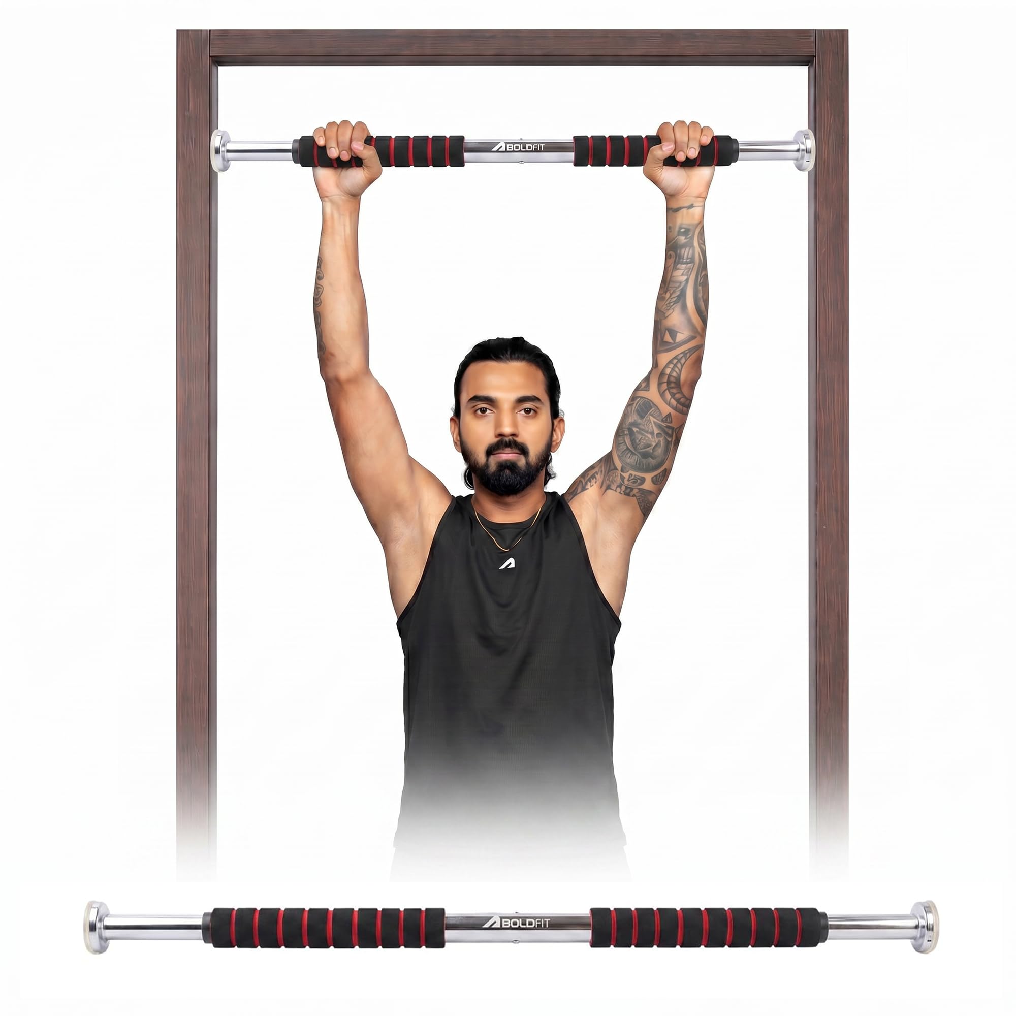Boldfit Pull Up Bars For Home Workout Chin Up Bar Gym Accessories for Men Door Way Adjustable Hanging Rod (62-100cm) Anti-skid Grip Strength Training Exercise Bar Pullup Bar Black Red 100Kg Max Weight-picture-10