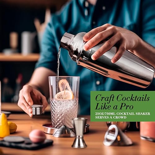 Miniatura 5 de Juego de coctelera con soporte, juego de mezclador de bebidas de acero inoxidable con todos los accesorios esenciales, juego de herramientas de bar