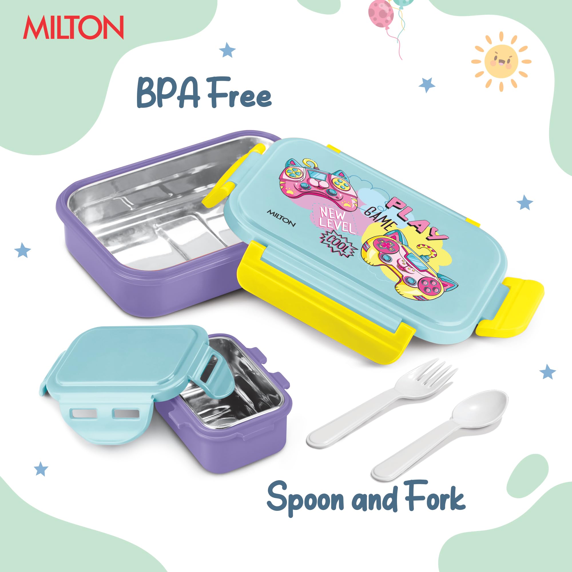 MILTON Candy Steel Tiffin Lunch Box for Kids with Inner Stainless Steel Container I Leak Proof Tiffin Box with Spoon & Fork | BPA-Free, Compact & Durable I for School, Picnic, 520 ml, Purple — Amazon image 4