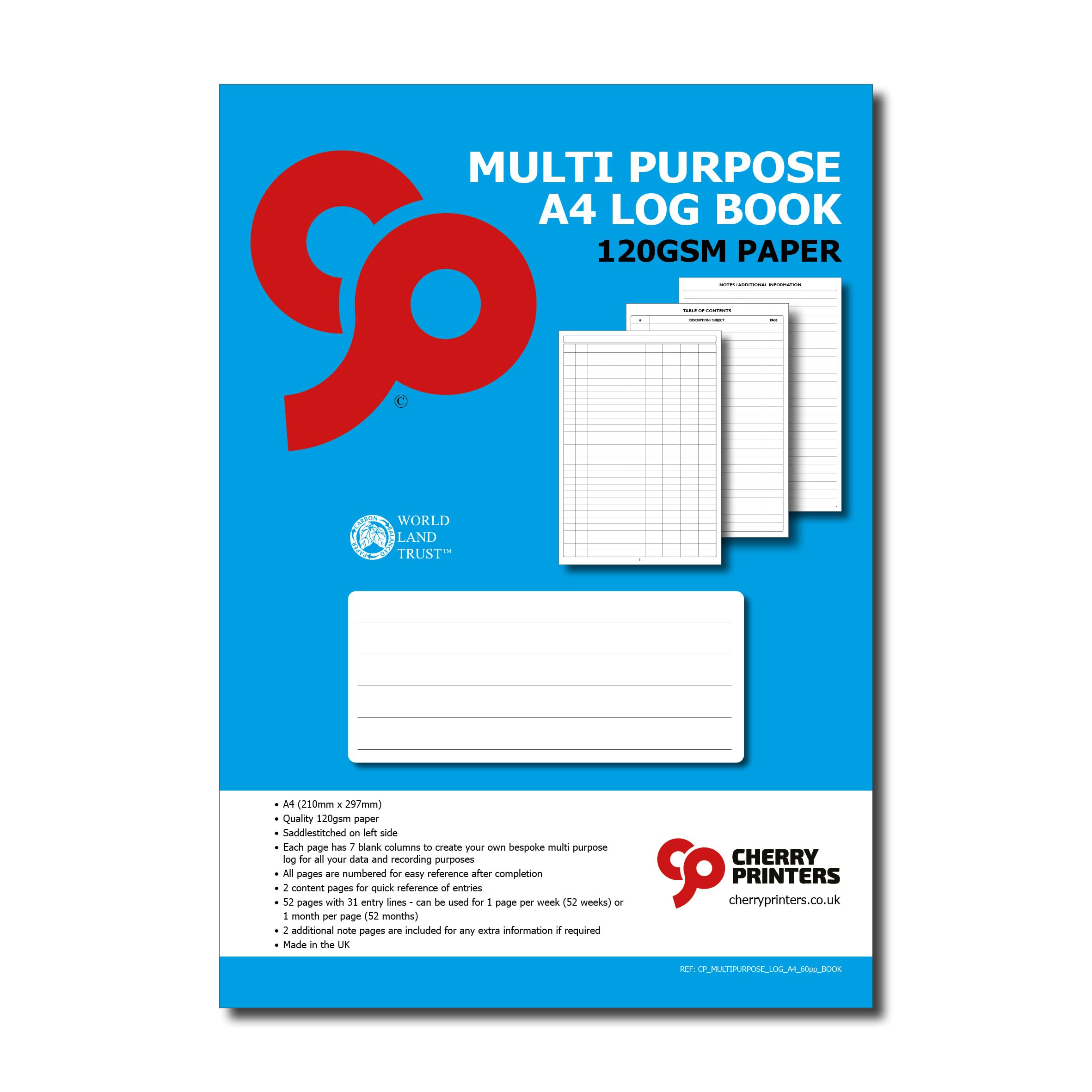 Cherry Printers | A4 Multi Purpose Log Book | Record Book Register Notebook | 120gsm Paper | 52 Pages with 7 Columns | Numbered Pages with Contents & Notes Pages | Office School Business Logs — image 1