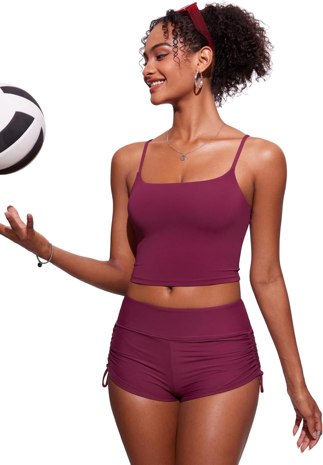 CRZ YOGA Cami Strap Bikini Tops for Women - Padded Scoop Neck Longline Swimsuit Adjustable Bathing Suit Crop Tankini - Image 3