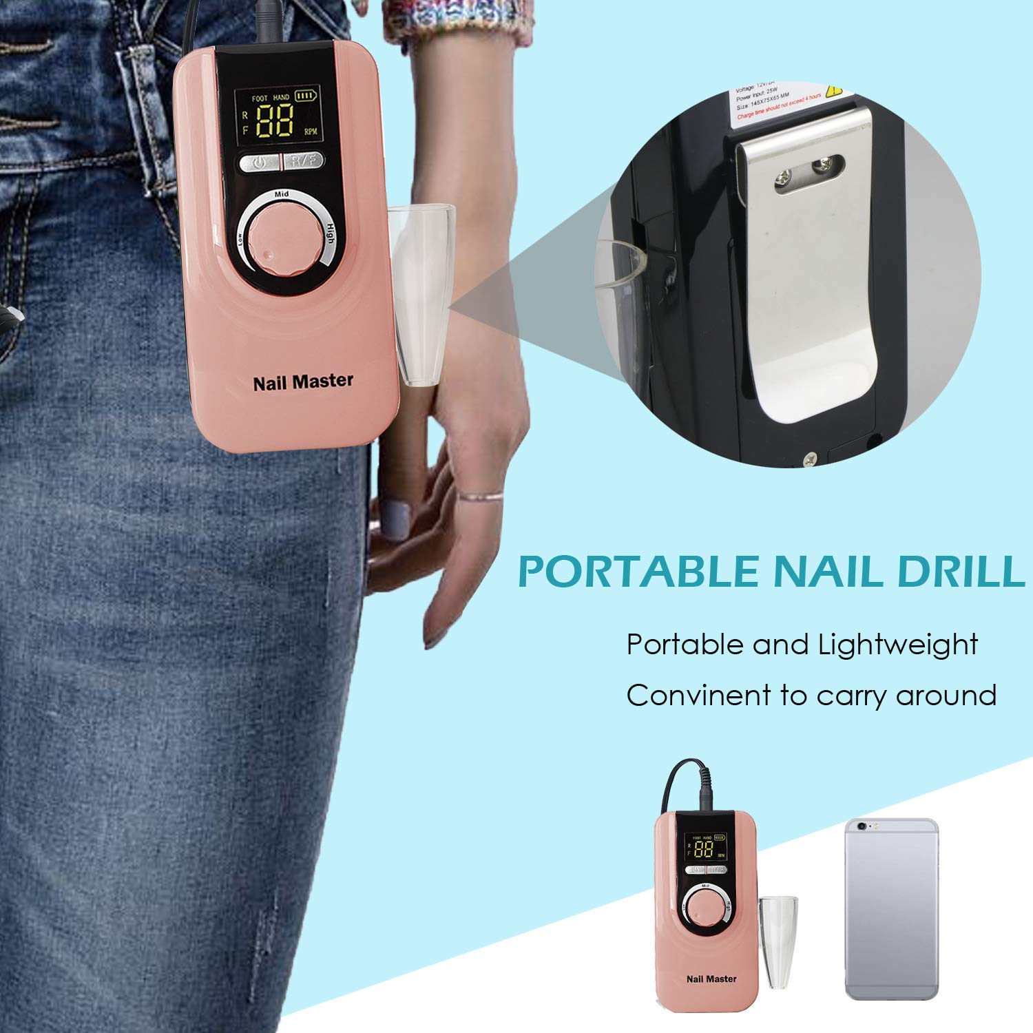 Nail Drill Machine ,LumcrissyPortable Electric E File Scamander,Nail Drill for Acrylic Gel Nails, Battery Capacity Display,Nail Grinding Machine Set with Tool Bag (Rose)
