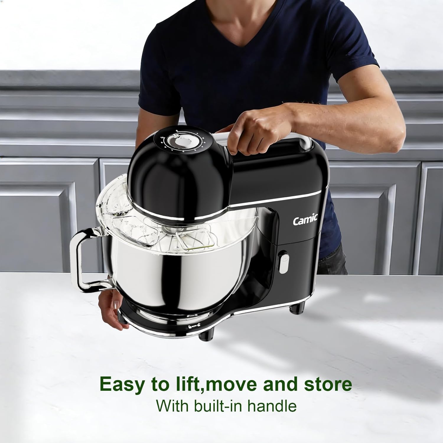 Camic Electric Stand Mixer,7.45 QT,10 Speeds with Dough Hook,Whisk, Flat Beater Attachments, Splash Guard, Easy-Carry Top Handle,3-IN-1 Kitchen Mixer for Baking Cakes Cookie Bread Salad (Black)