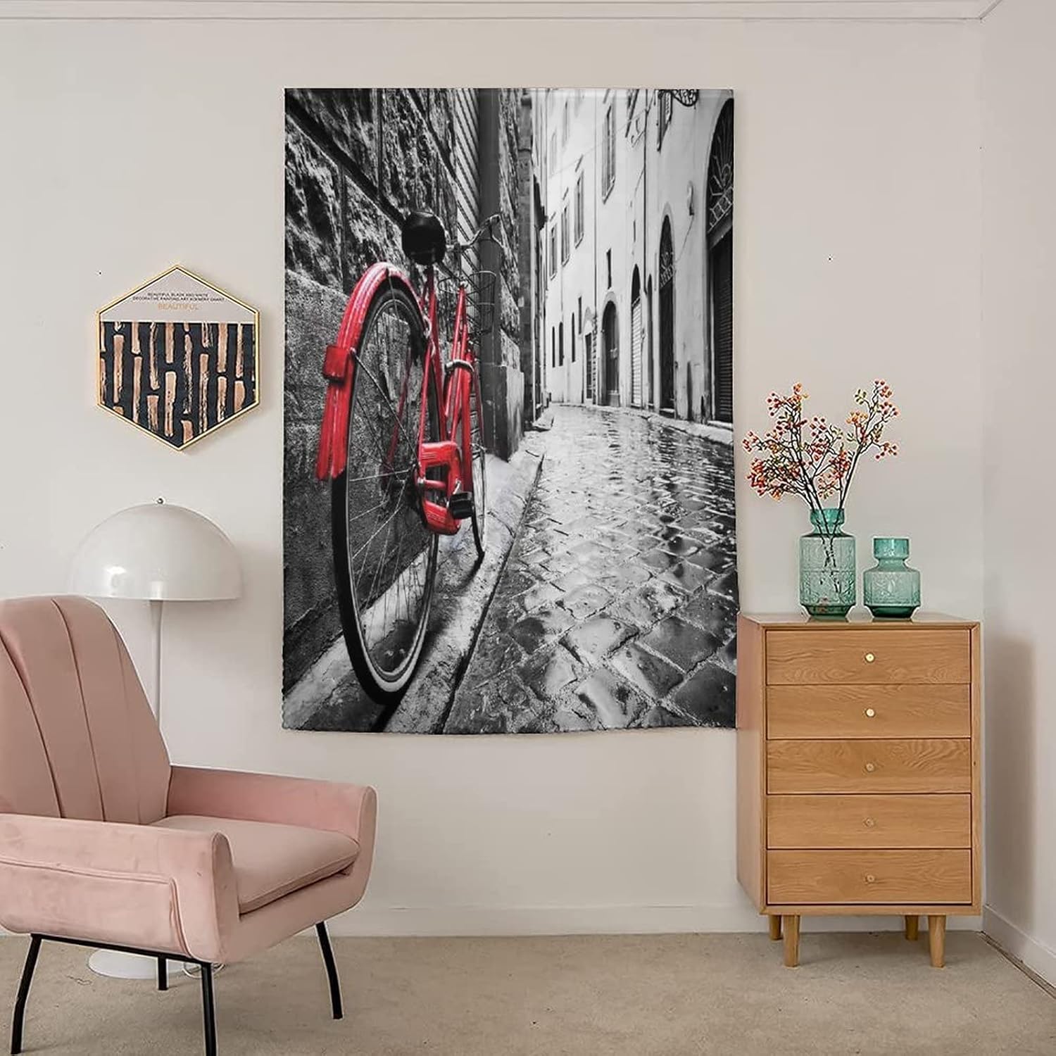Self Adhesive Portable Blackout Curtains, Bicycle Room Darkening Curtains, Classic Bike on Cobblestone Street in Italian Town Print Temporary Blackout Blinds,47W x63L Inches, for Bathroom Bedroom