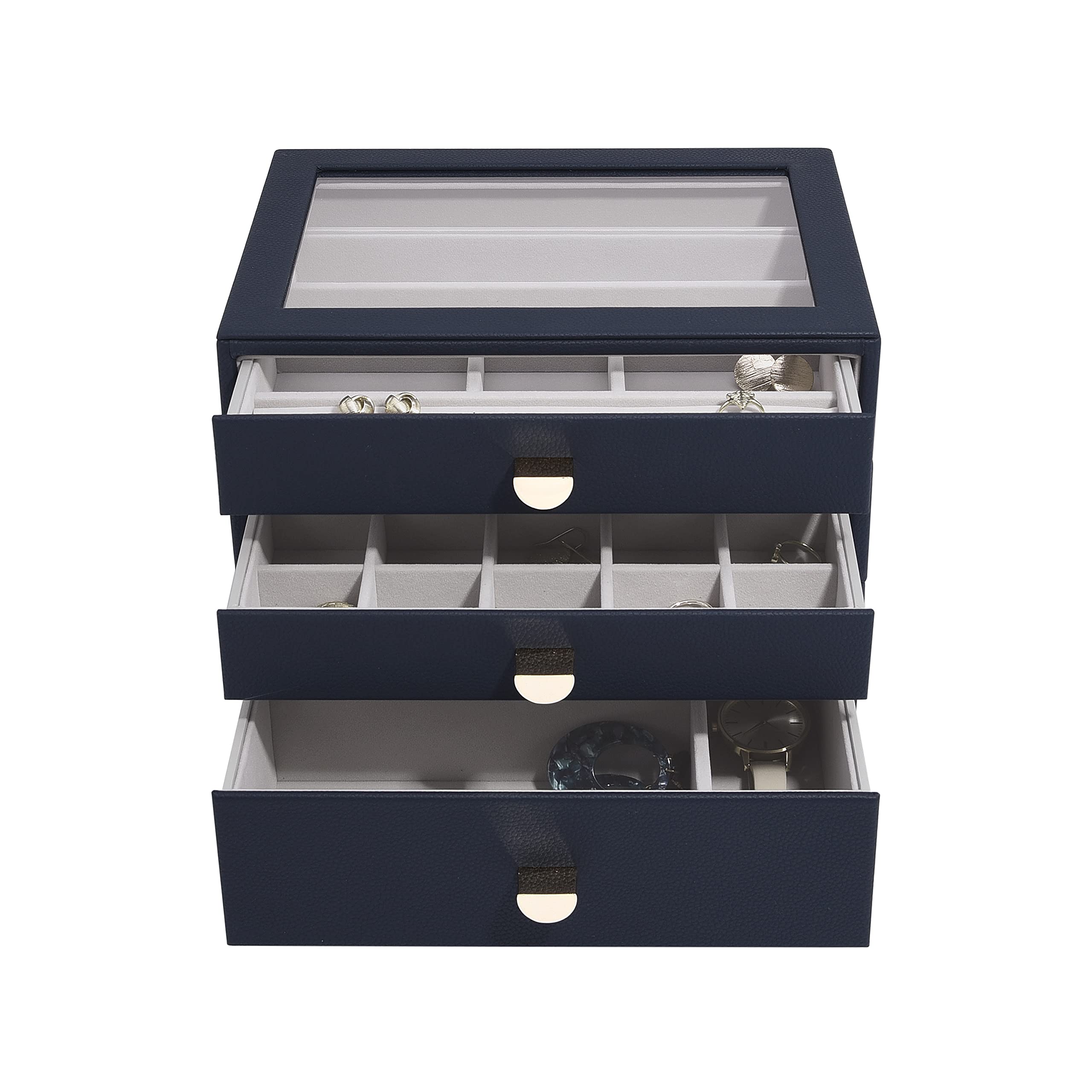 Stackers Navy Pebble Classic Jewellery Box - Set Of 3 (With Drawers)