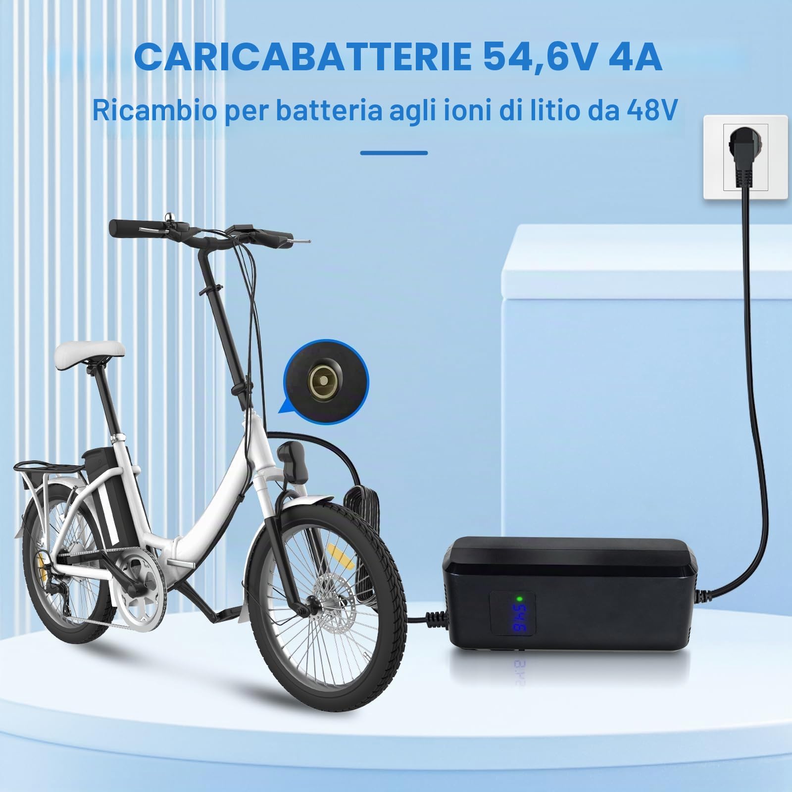Caricatore per batteria al litio da 48V per E-Bike scooter elettrico DC1 foro 5,5 * 2,1mm connettore, alimentatore 54,6V 4a con ventola integrata, con indicatore della tensione di