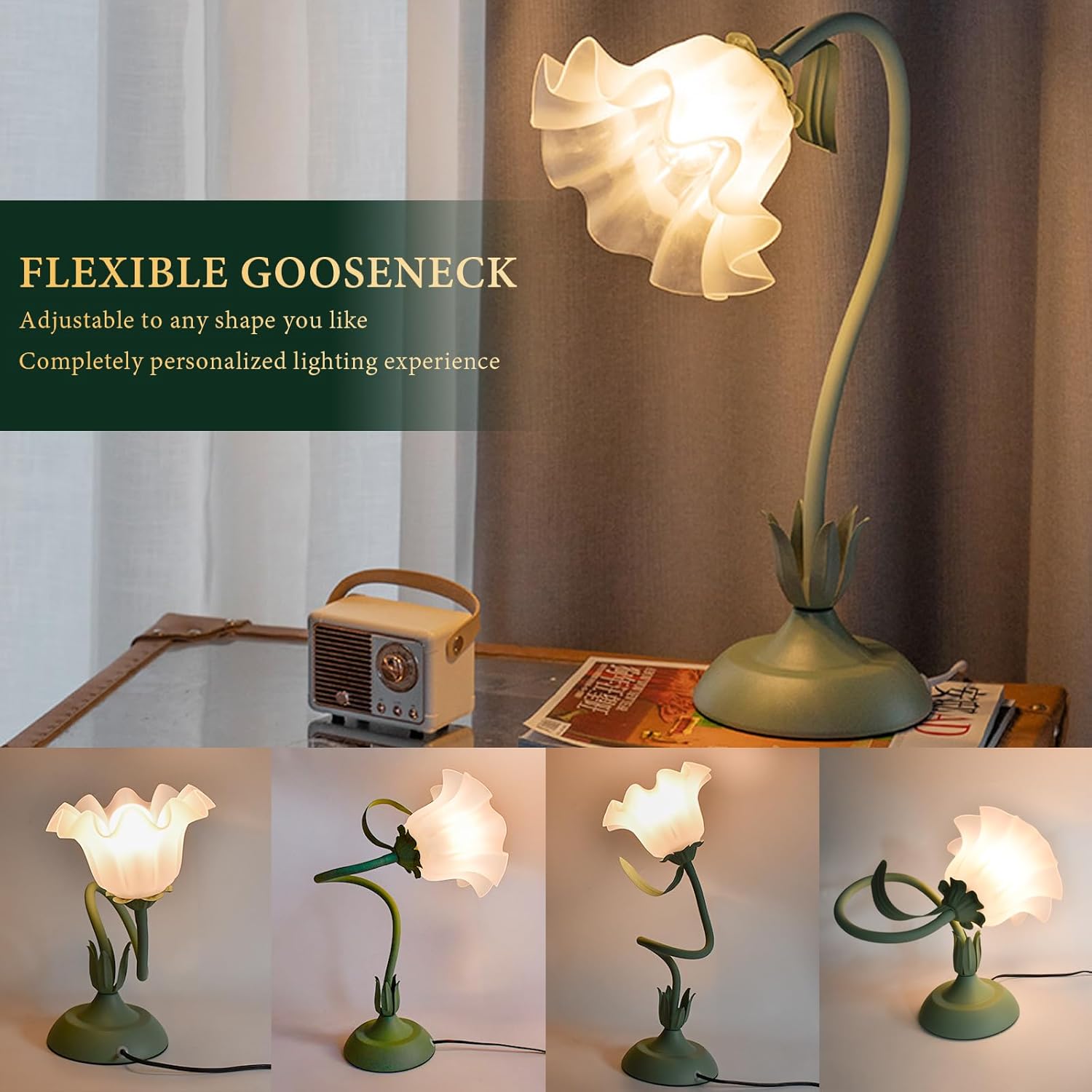 FVTLED Cute Flower Table Lamp, Bedside Vintage Flower Lamp with LED Bulb, 3 Colors Temperature Flower Lamp for Bedroom Living Room Bedside Desk Reading Lighting Table Lamps Home Decoration（Green）