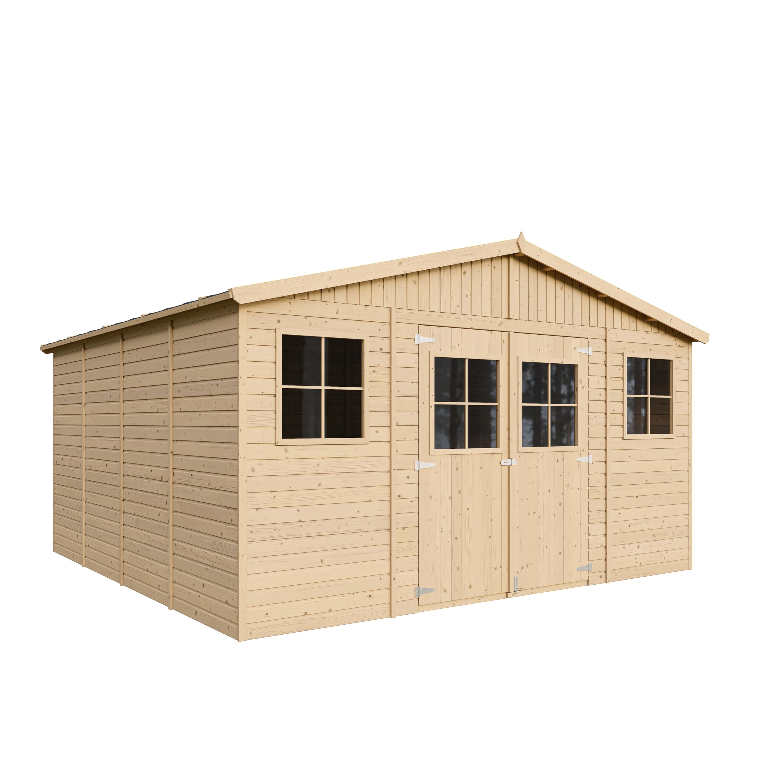 Abri de Jardin en Bois Naturel - Stockage extérieur avec fenêtres- H246 x 418 x 420 cm/ 16 m²- Hangar en Bois Naturel - Atelier Rangement Outils et vélos- TIMBELA M330