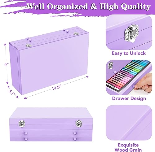 Miniatura 16 de Suministros de arte, juego de arte de madera de lujo de 185 piezas, kits de arte profesional con 2 libros de bocetos, crayones de colores, lápices