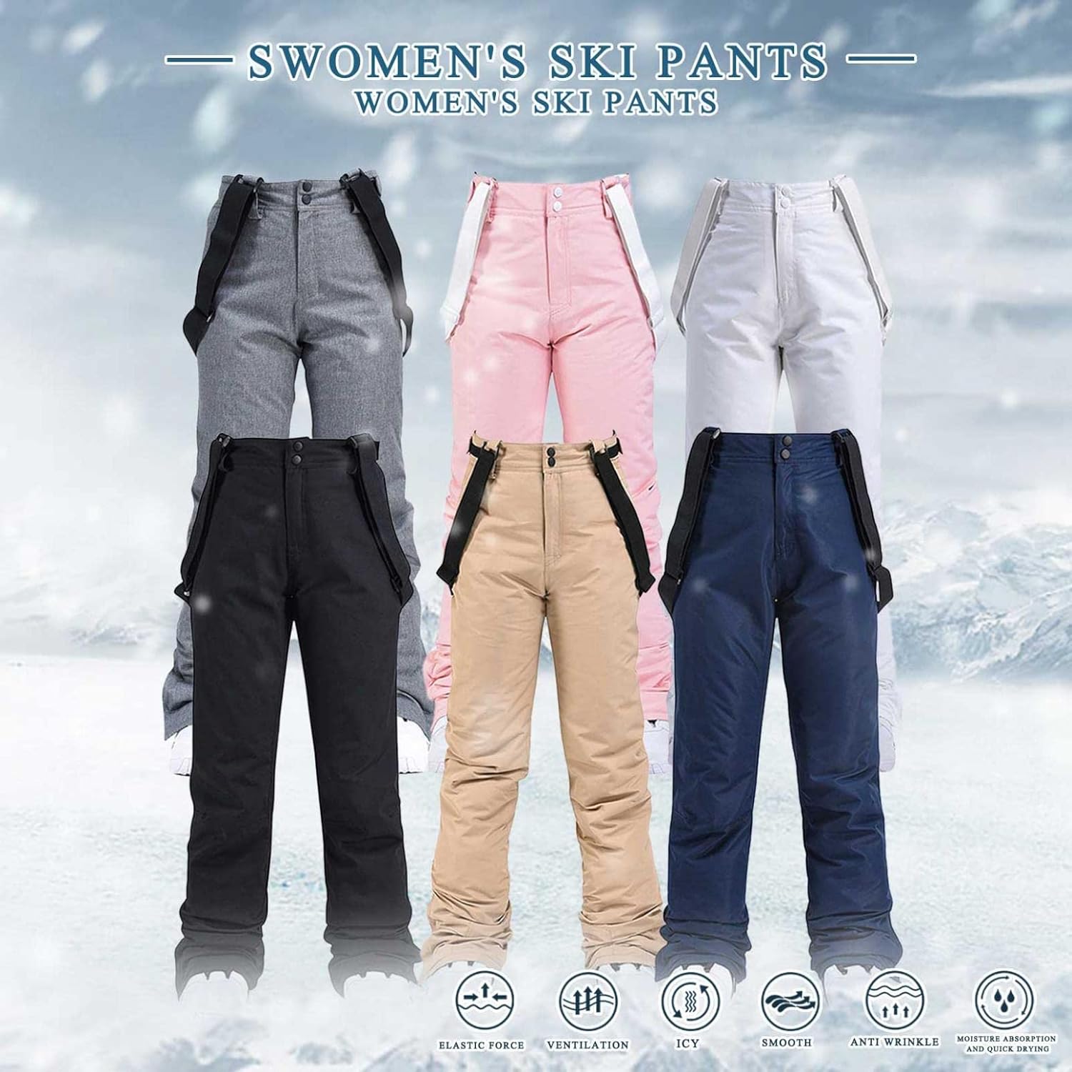Women's Snow Bibs Ski Waterproof Windproof Insulated Overalls Ripstop Solid Color One-Piece Snowboard Pants Winter