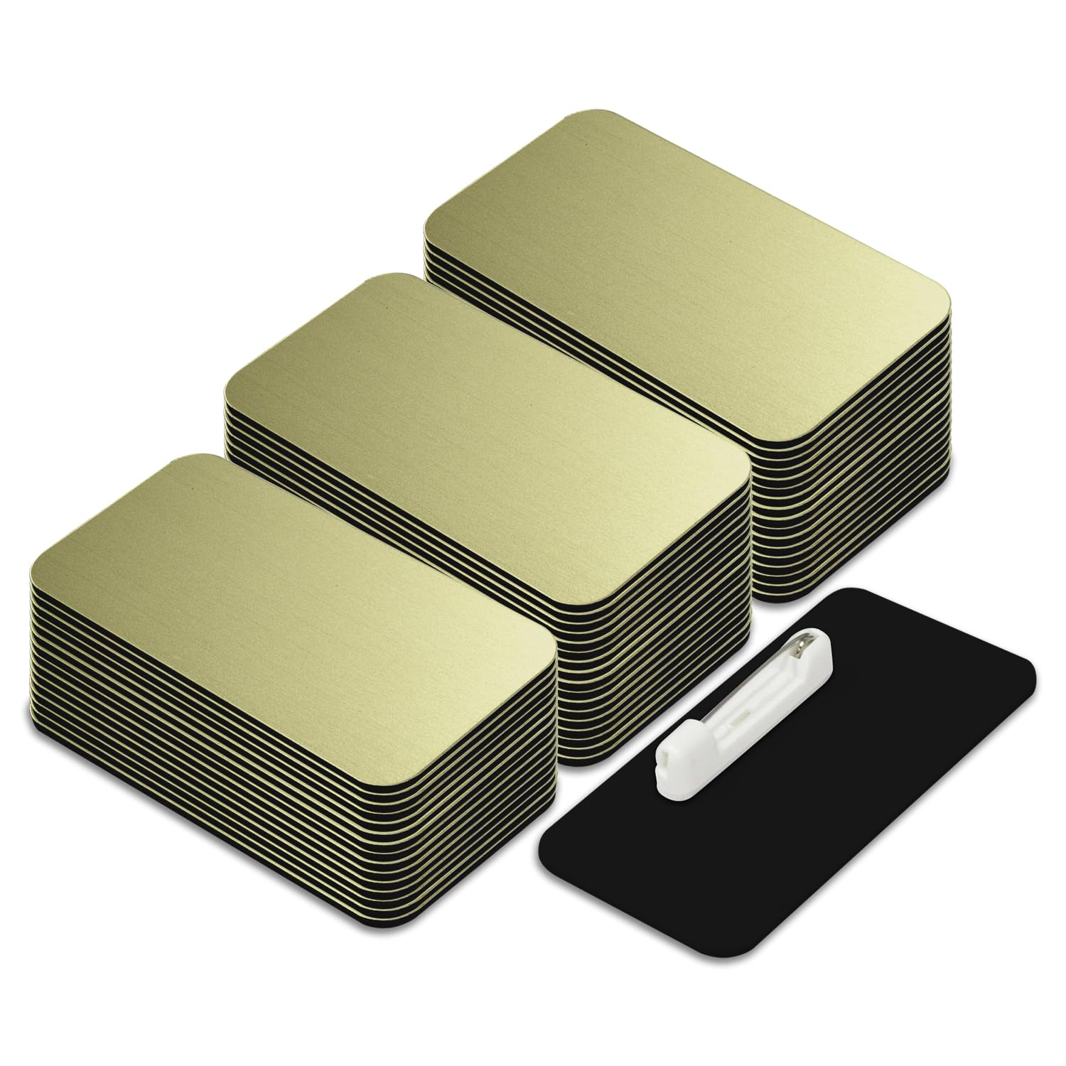 Name Tag/Badge Blanks - 100 Pack - 1-1/2" X 3" (Brushed Gold) Round Corners, White Pin Backing
