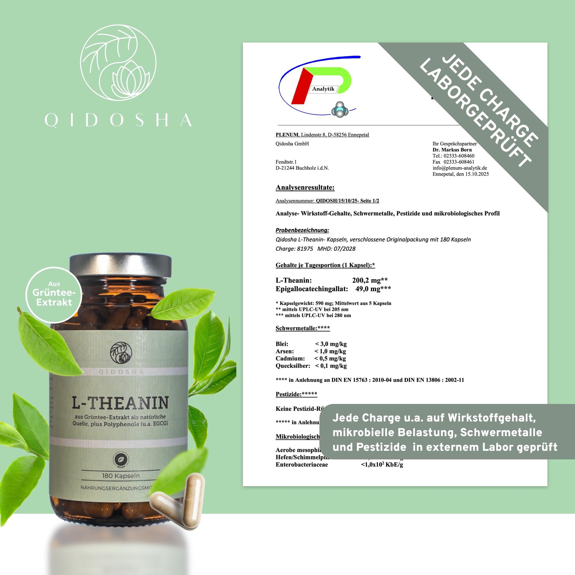 QIDOSHA® L-Theanin & EGCG aus Grüntee-Extrakt, 180 Kapseln im Apothekerglas, 500mg je Kapsel, davon 40% L-Theanin, 30% Tee-Polyphenole & 10% EGCG, Wirkstoffgehalt in externem Labor testiert