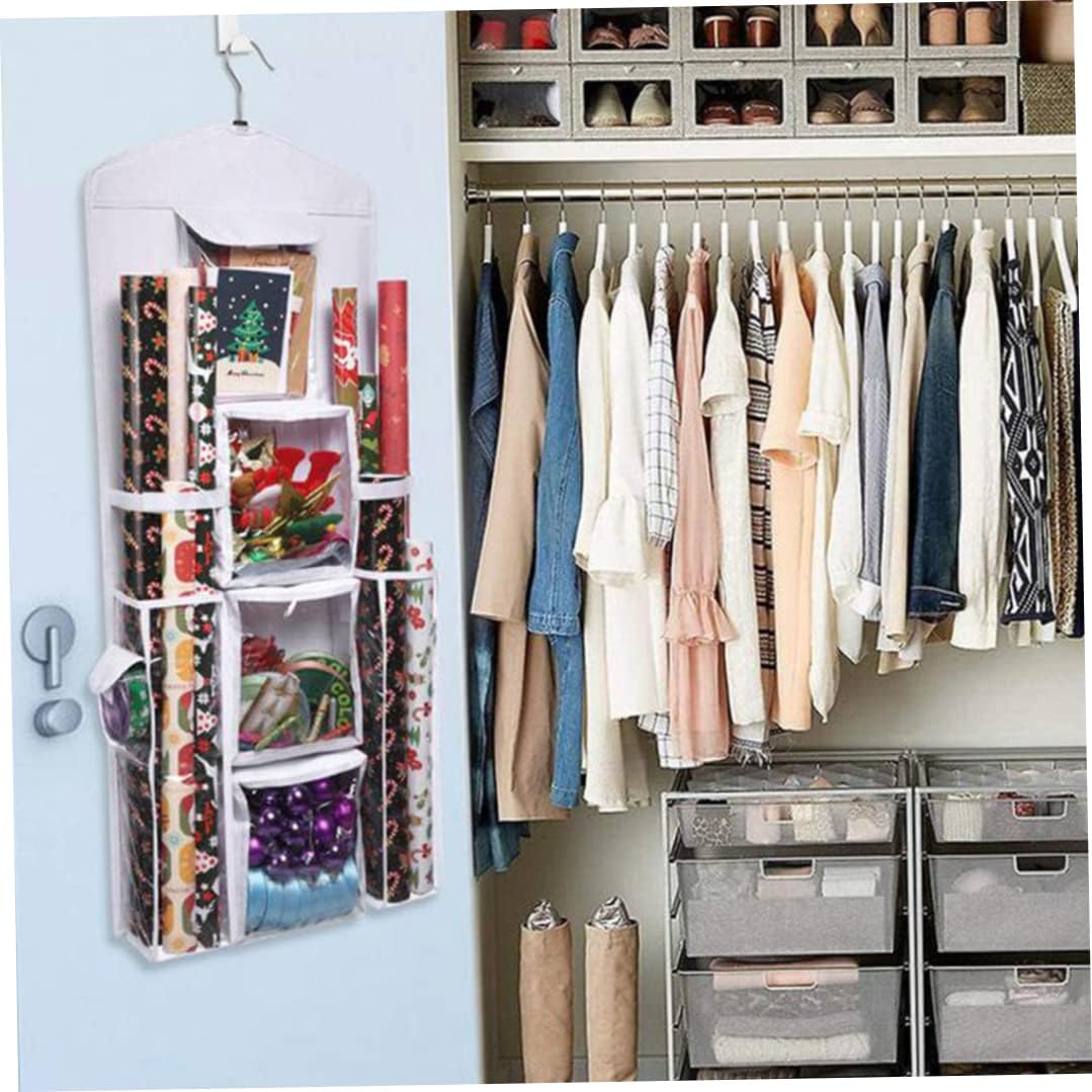 Christmas Wrapping Paper Organizer Large Capacity Wall Hanging Double-Sided Transparent with 10 Pockets Space-Saving Rear Door Gift Storage Bag with Zipper Home Decor 37.40x5.51 Inch.