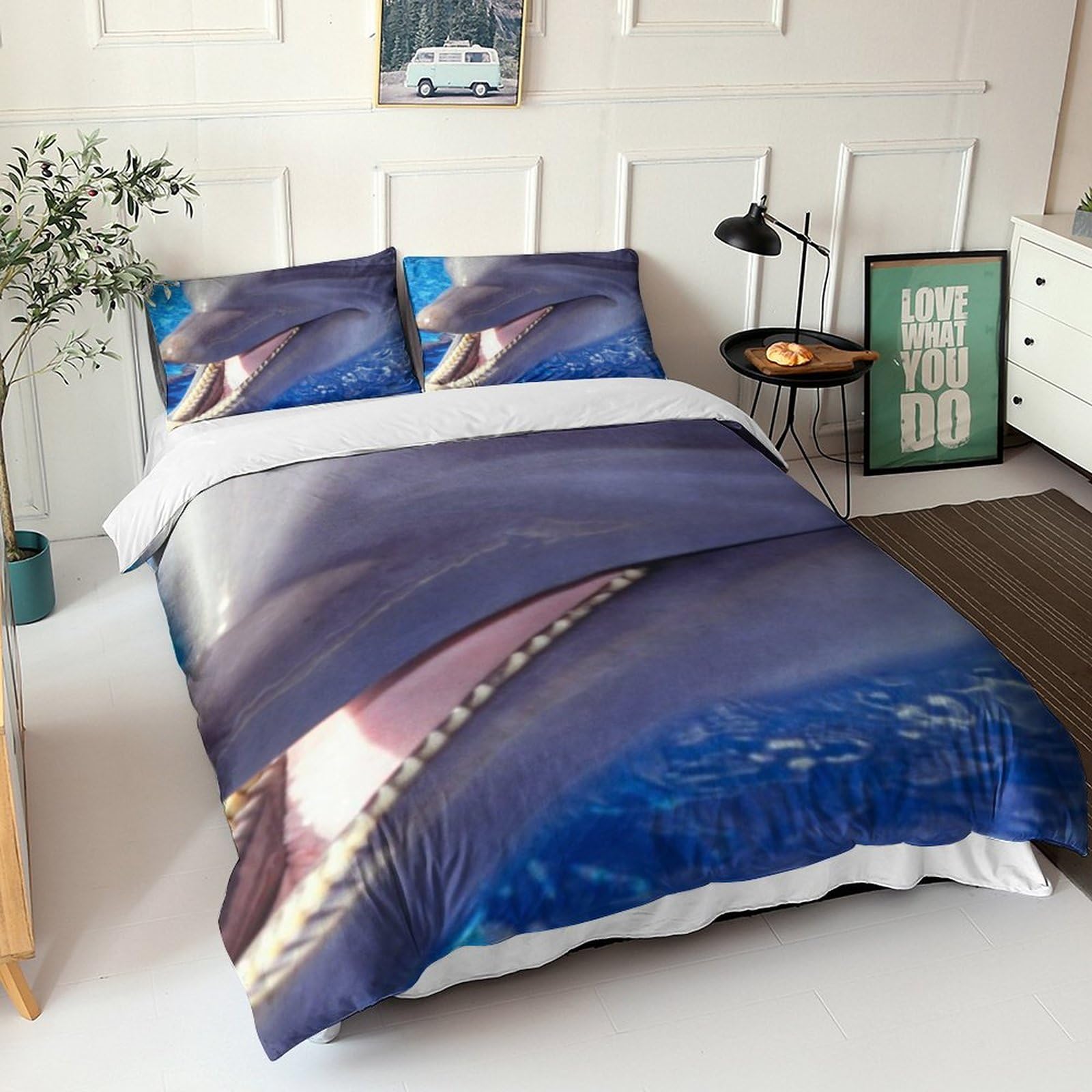 Housse de couette dauphin parure lit enfant ado motif animal bleu