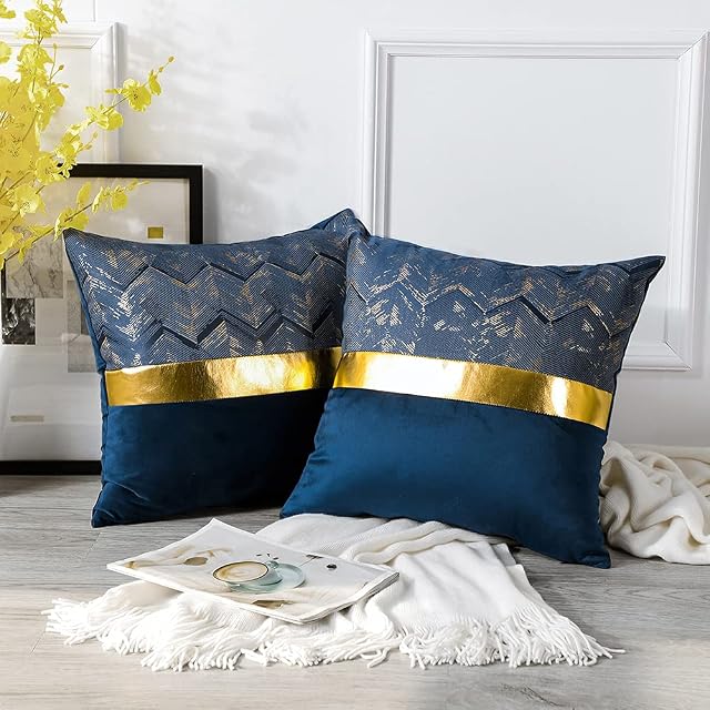 Artscope Set of 2 Velvet Cushion Covers for Bed Couch Sofa Car Decor Luxury Modern Minimalist Gold Leather Stitching Wavy Stripes Square Pillowcase Throw Pillow Covers 45x45cm Navy Blue