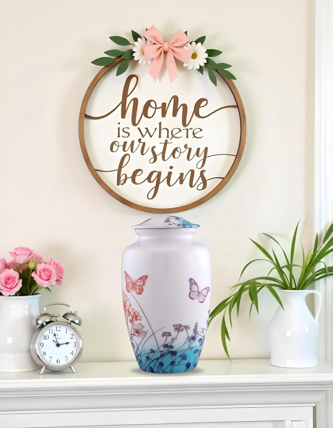 Butterfly Meadow Cremation Urn for Human Ashes – Elegant White Adult Urn with Colorful Butterflies & Wildflowers – Memorial & Funeral Urn for Men & Women Up to 200 Lbs (Large)