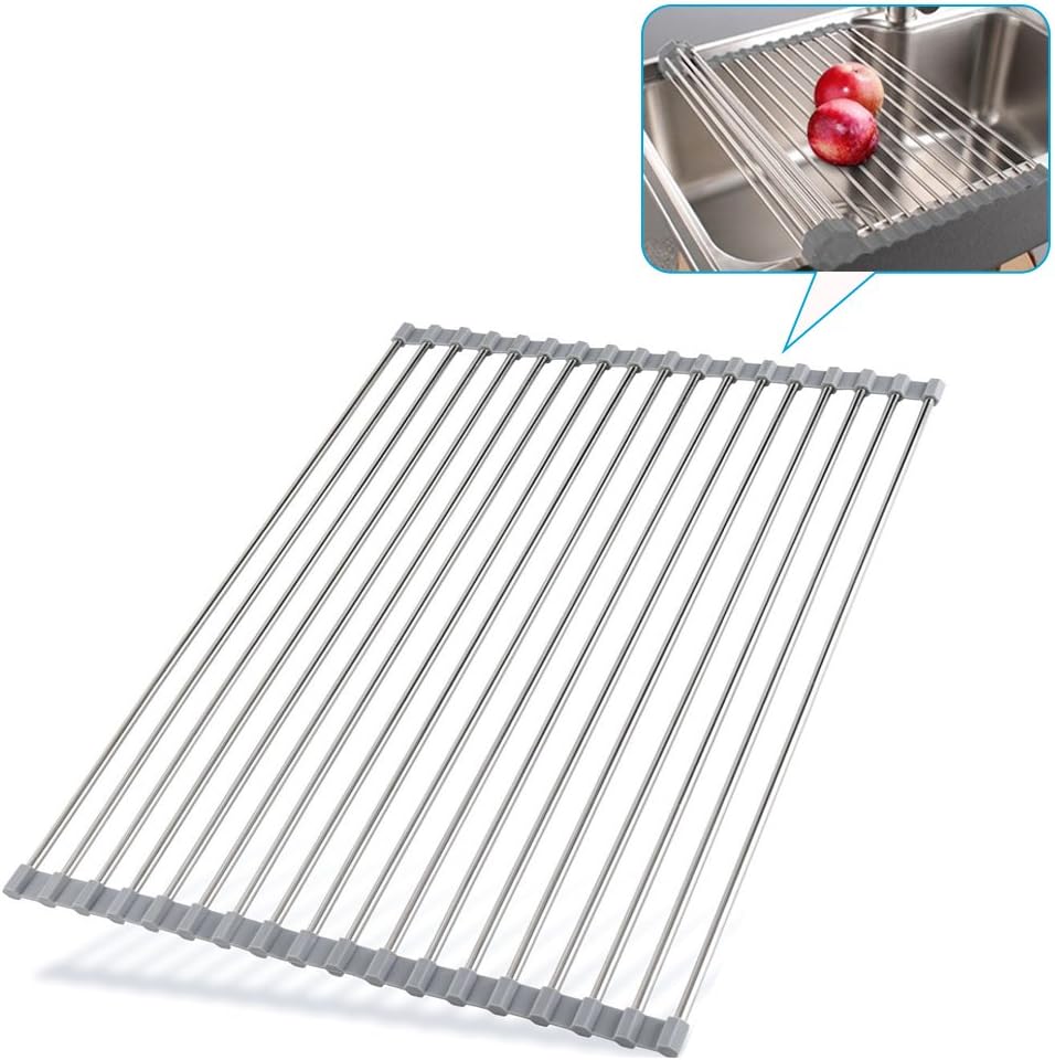 Stainless Steel Drying Rack 14 x 14 Inches | Multi-Purpose Roll Up Over the Sink Kitchen Drainer for Pots, Pans, Bottles, Dishes, Utensils and Bowls | Silicon Coated Rust and Heat Resistant