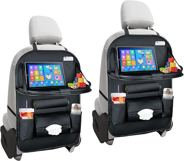 Akamino 2 Pack Car Backseat Organize, PU Leather Car Seat Back Organiser with Foldable Tray Table and Multi Pockets for Travel, Parents Drivers, Kids Toys Food Storage