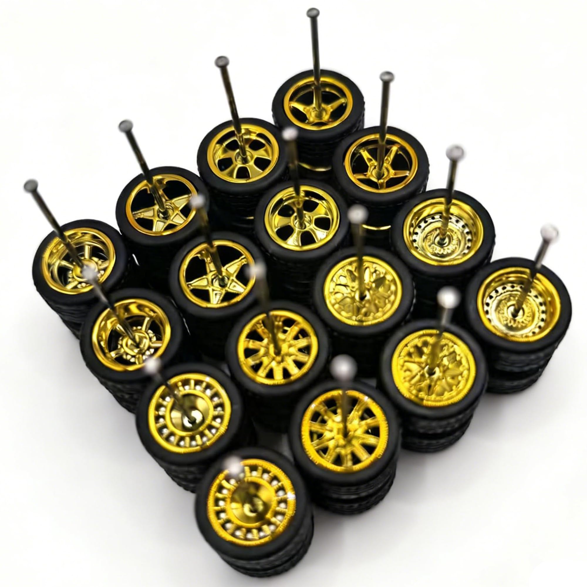 XYELKW 8 Set 1/64 Scale Wheels, 1 64 Wheels and Tires Set with 8 Styles Simulation Wheel Hub & Rubber Tires, 1/64 Wheels Suitable for Beginner DIY Modification 1/64 Diecast Cars (Electroplated Gold)