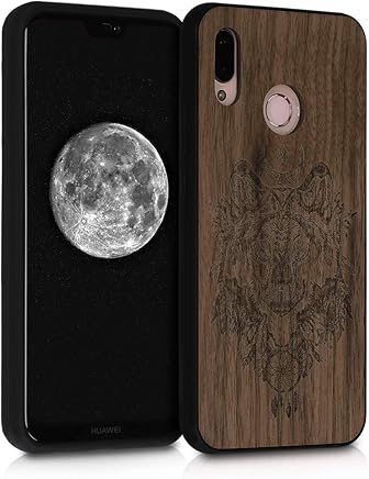 kwmobile Funda de Madera Madera de Nogal para Huawei P20 Lite - Case Bumper de TPU dise?o con Lobo - Cover Protector Duro en marr?n/marr?n Oscuro