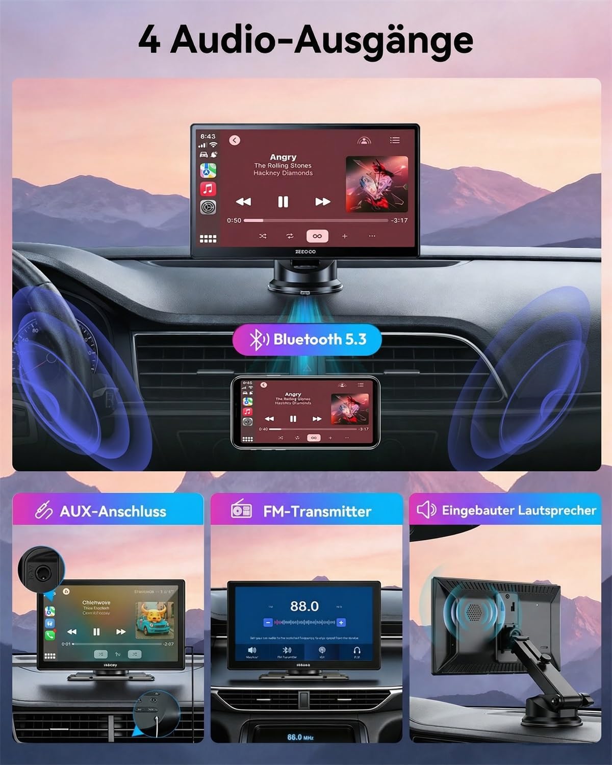 ESSGOO Carplay Android Auto Display mit Rückfahrkamera,9 Zoll Carplay Bildschirm für Apple/Android Auto/AirPlay/Mirror Link,Wireless Touchscreen GPS Navigation,mit Bluetooth5.3,AUX,FM,Sprachassistent