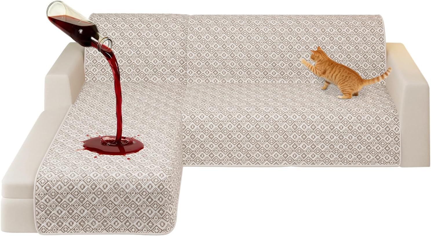 ALIECOM Sectional Couch Covers 100% Waterproof L Shape Sofa Cover Washable 2 Piece Printed Sectional Slipcovers with Chaise Pet Friendly Furniture Protector for Dogs (Large, Checkered Khaki)